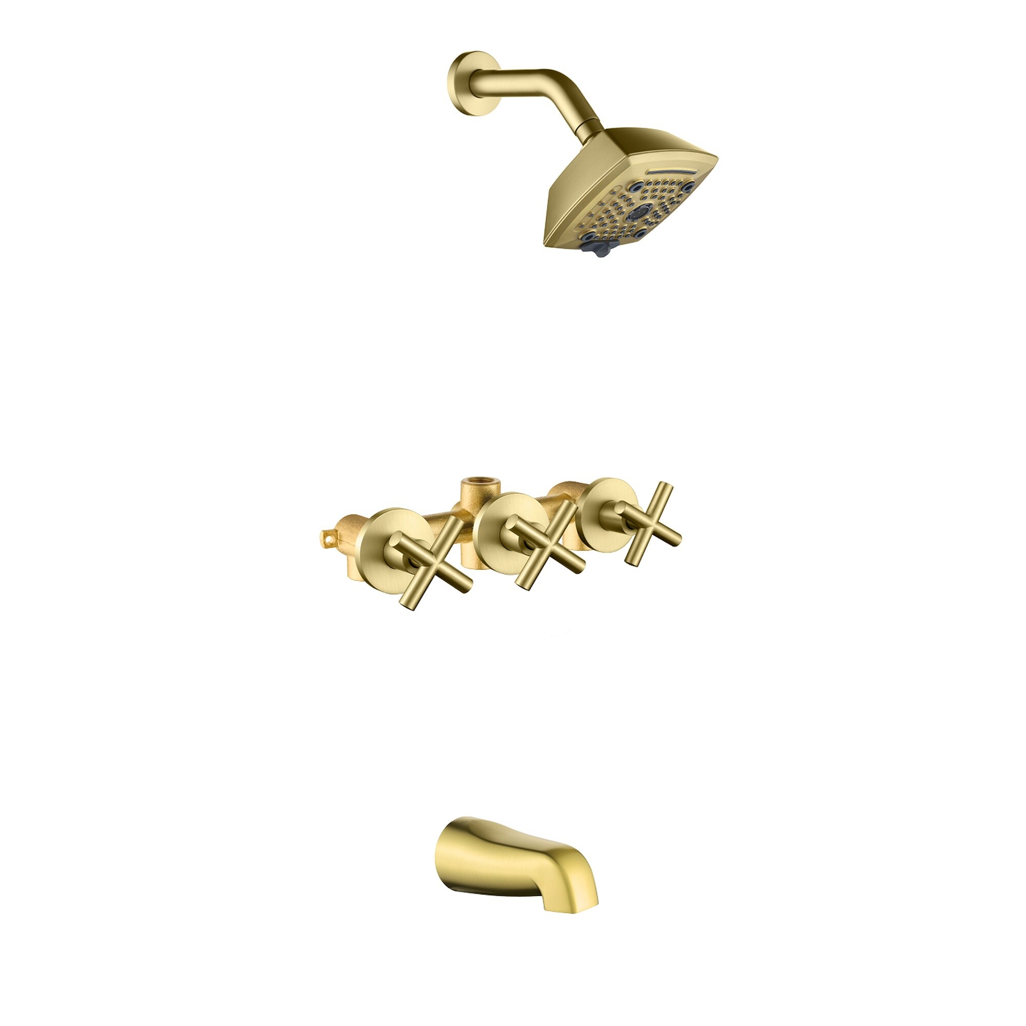 Boyel Living Brushed Gold Tub and Shower Set Brass SUS304 Three Handle 5-Function Top Spray High-Flow