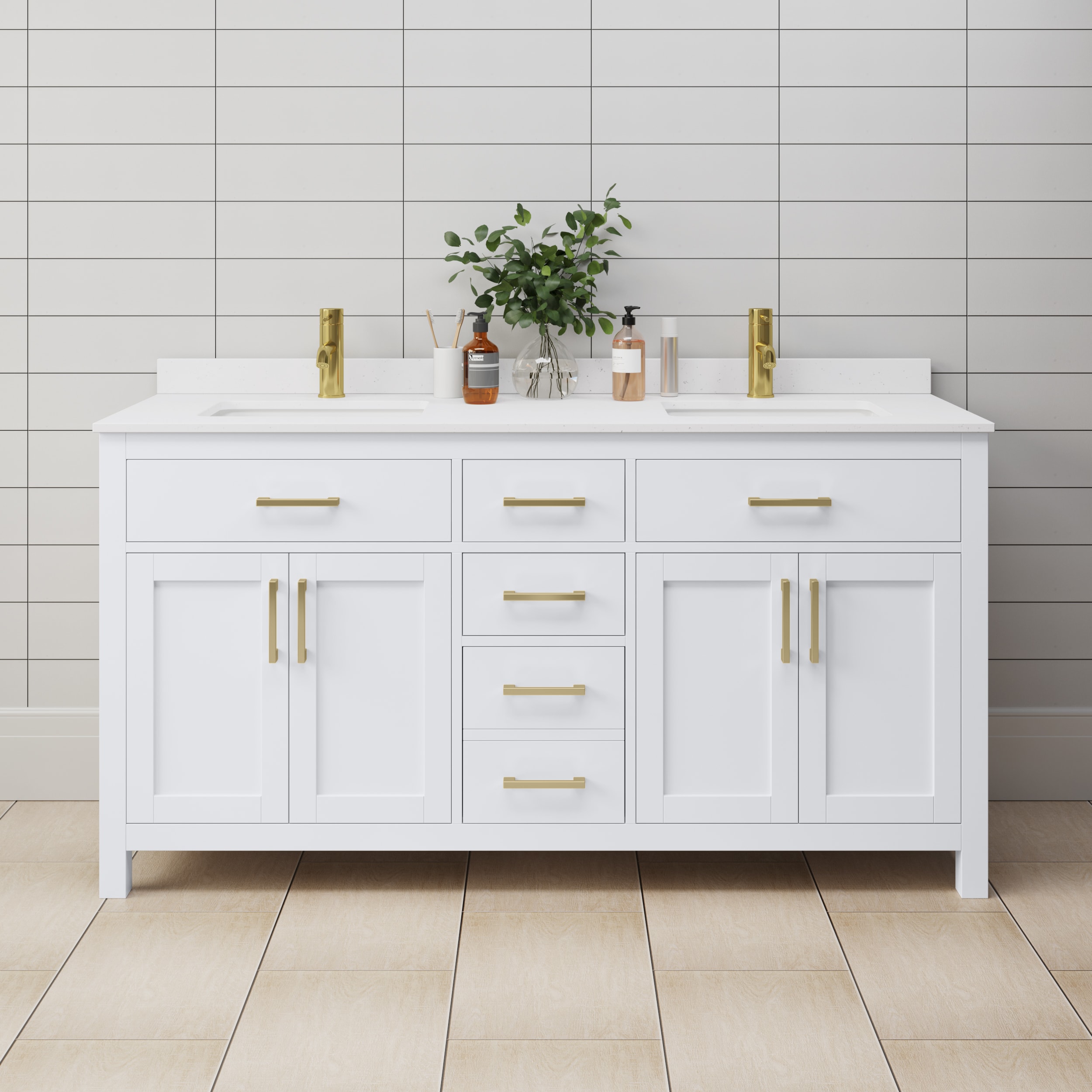 Beckett Freestanding 66'' White Double Vanity with Marble Top and Gold Accents