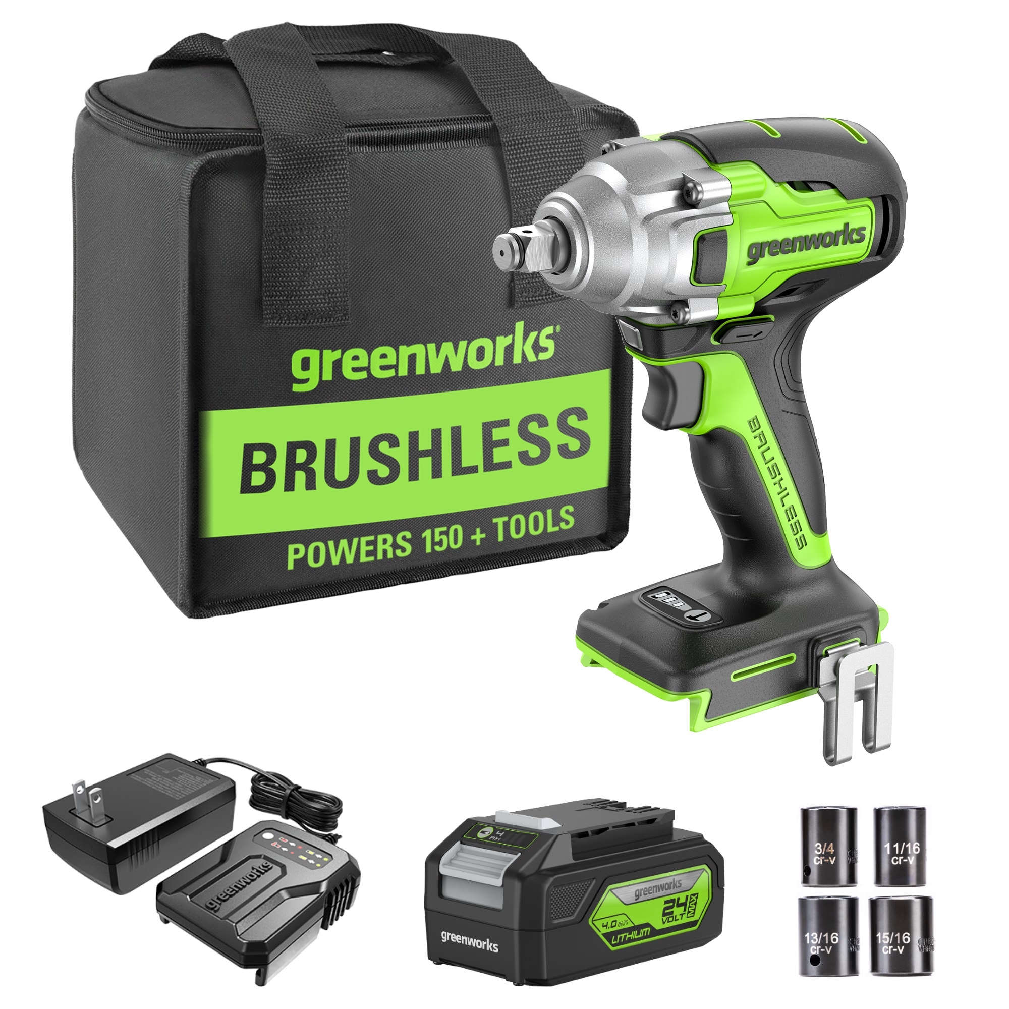 Greenworks 3806502 24-volt Variable Speed Brushless 1/2-in square Drive Cordless Impact Wrench ( Battery Included )