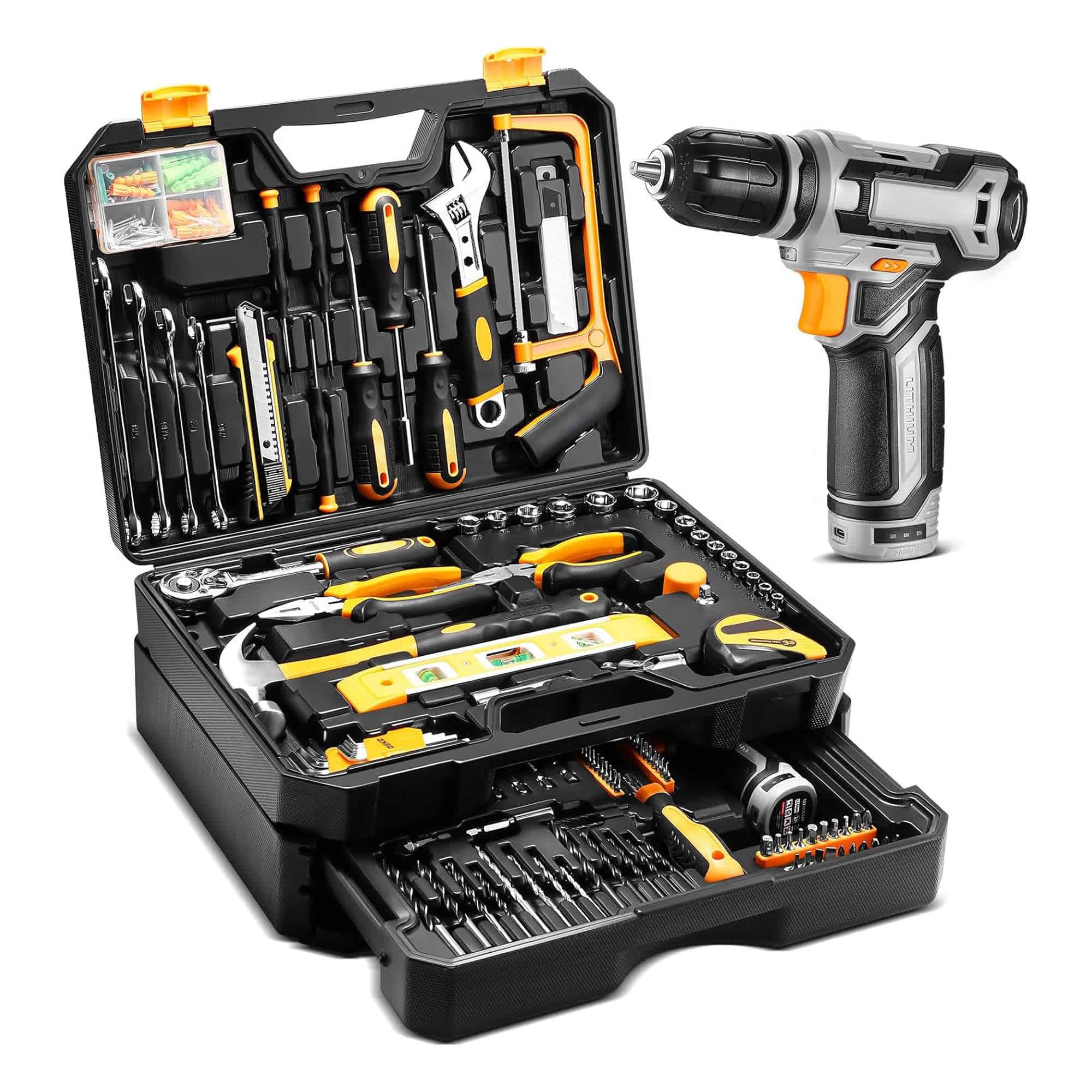 Etokfoks 238-Piece Home Mechanic Tool Kit with 12V Cordless Drill and Storage Case Includes Screwdrivers Wrenches Hammer and More for DIY Repairs #EFT1004J11