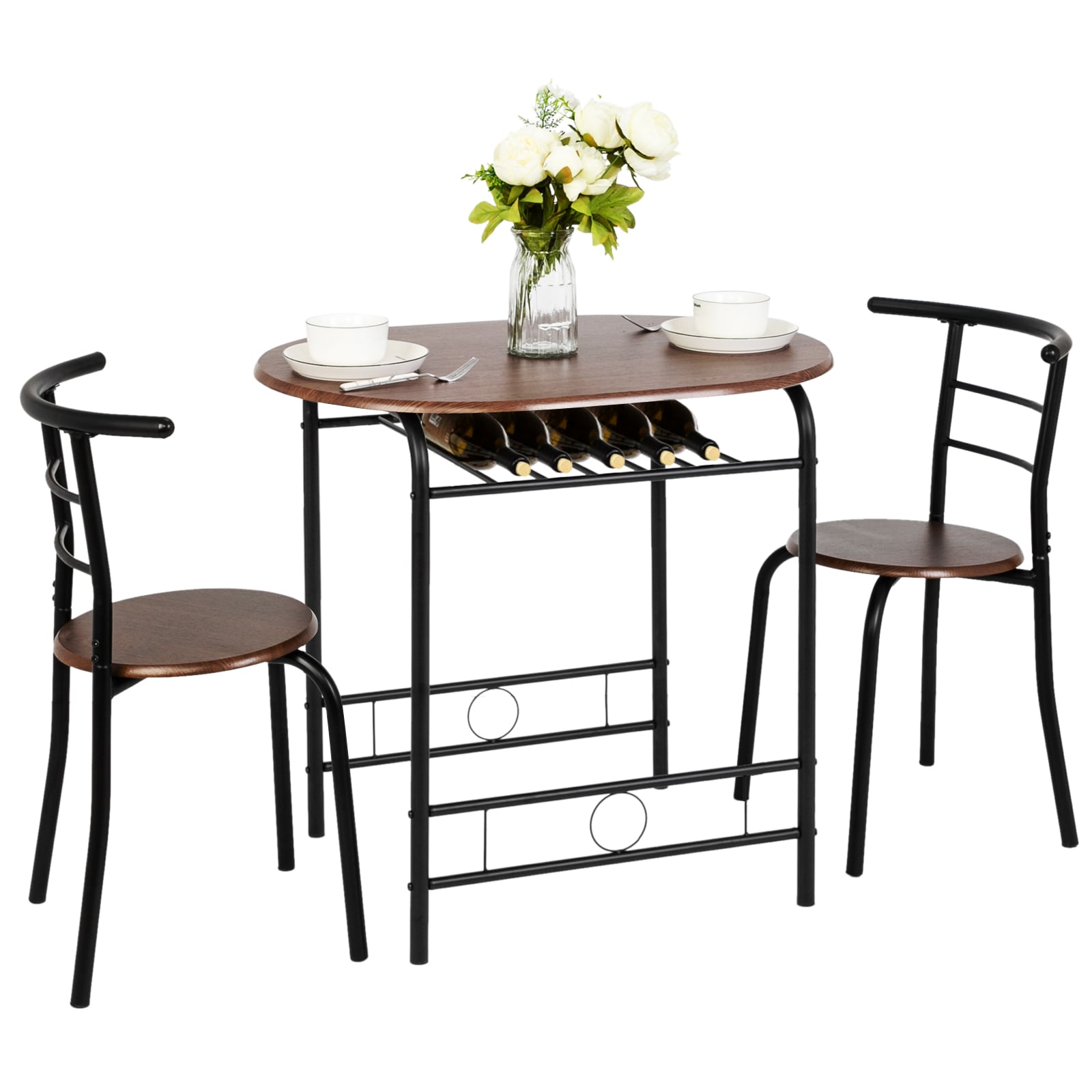 VINGLI 3 Piece Wooden Dining Set with Metal Frame for 2/Breakfast Table Set for Small Space Dining Room Apartment Black and Walnut