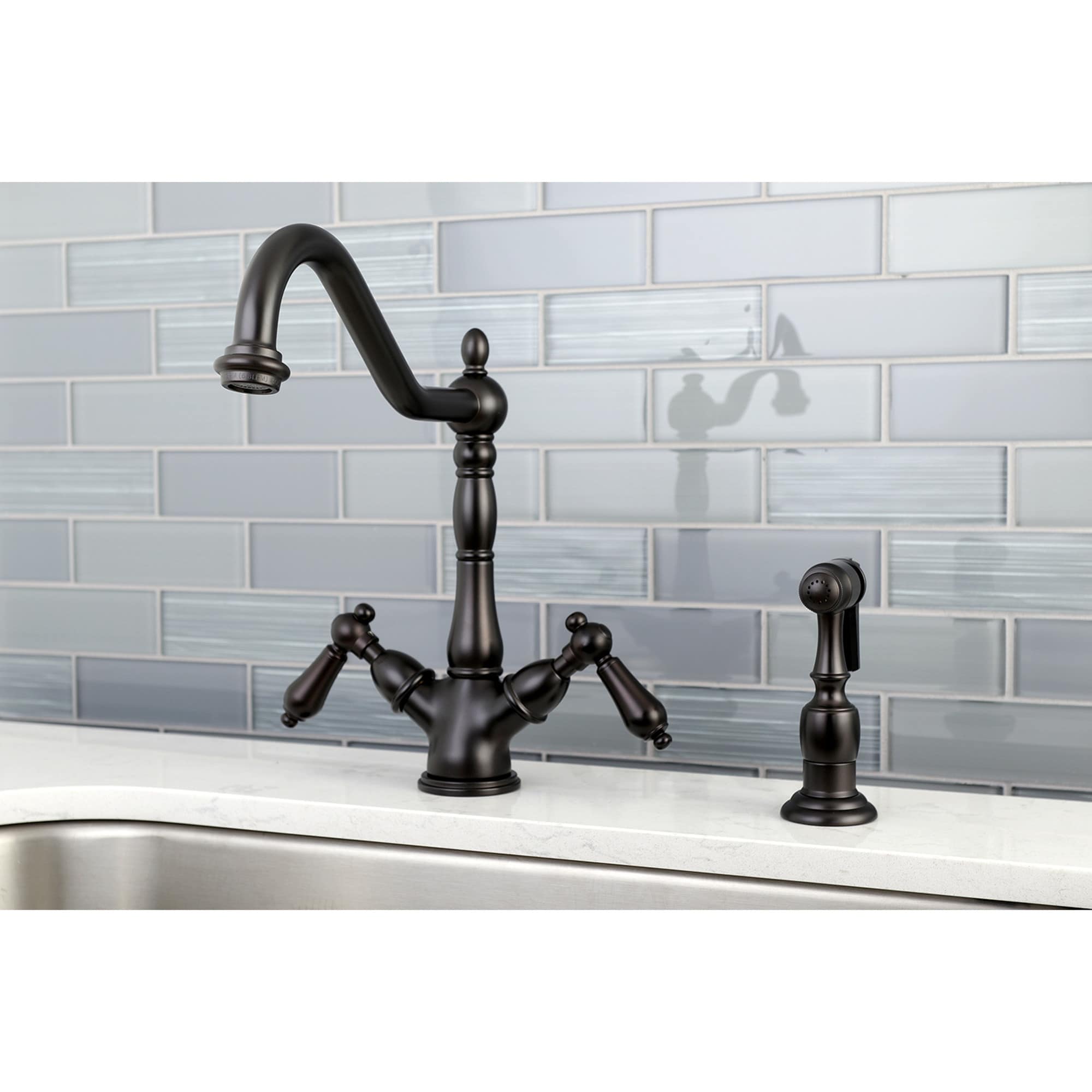 Elements of Design ES1235ALBS Oil-rubbed bronze Double Handle Deck-mount Bridge Kitchen Faucet ( Side Sprayer Included )