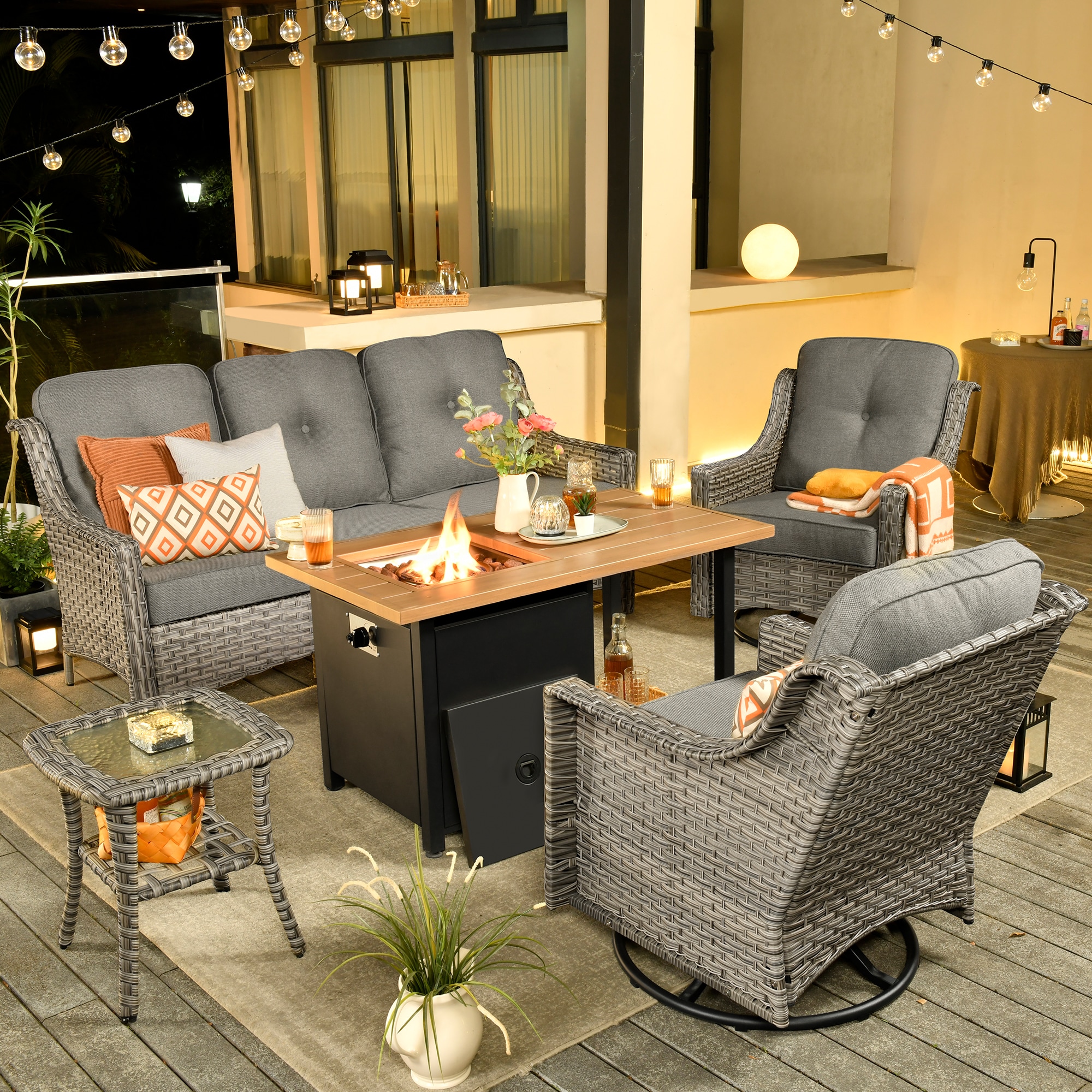 Ovios RFP11PD2-4Y 5 -Piece Wicker Patio Sofa Conversation Set with Dark Gray Cushions
