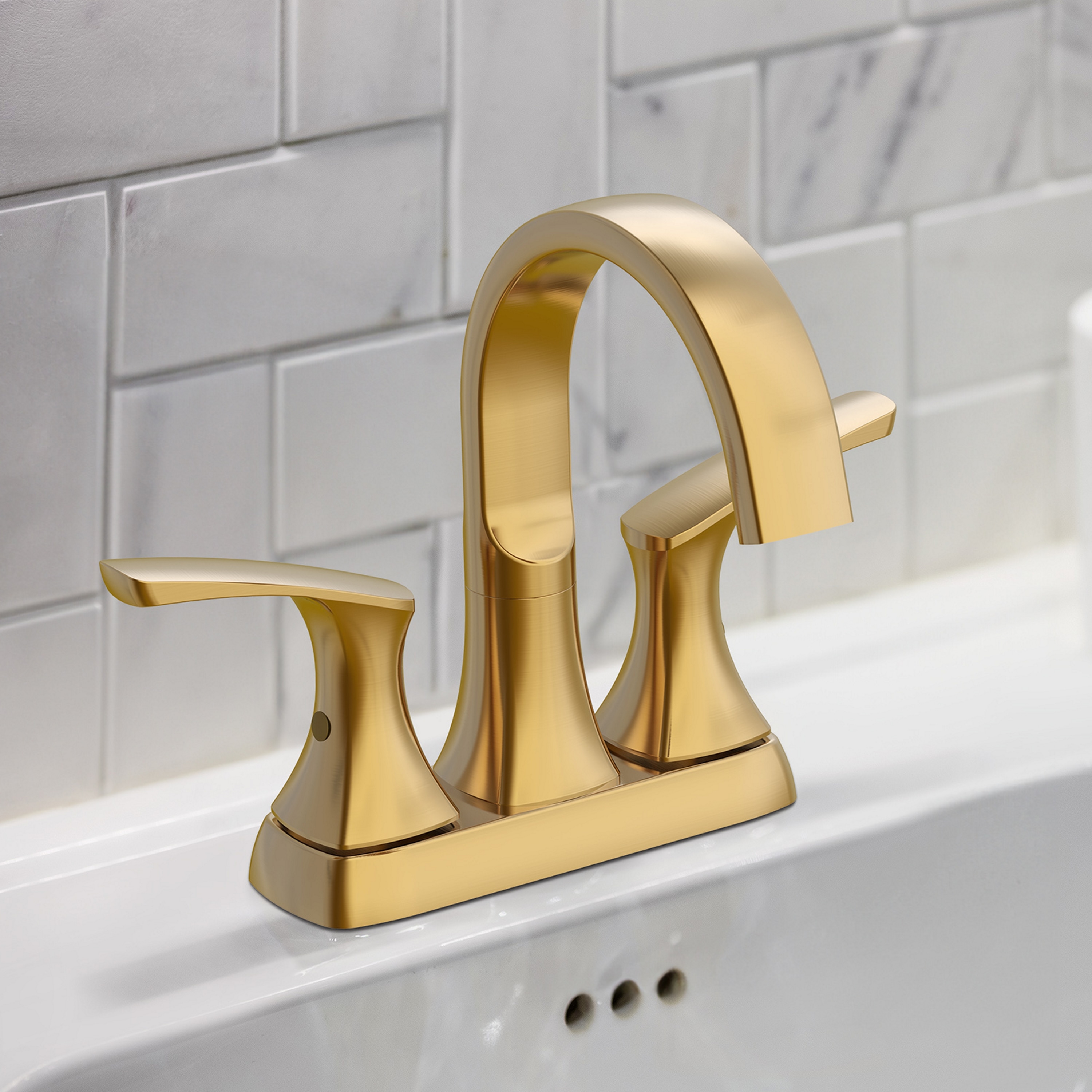 Project Source F51A1114CZ Brushed Bronze 4-in centerset 2-handle WaterSense High-arc Residential Handle Bathroom Sink Faucet with Drain with Deck Plate