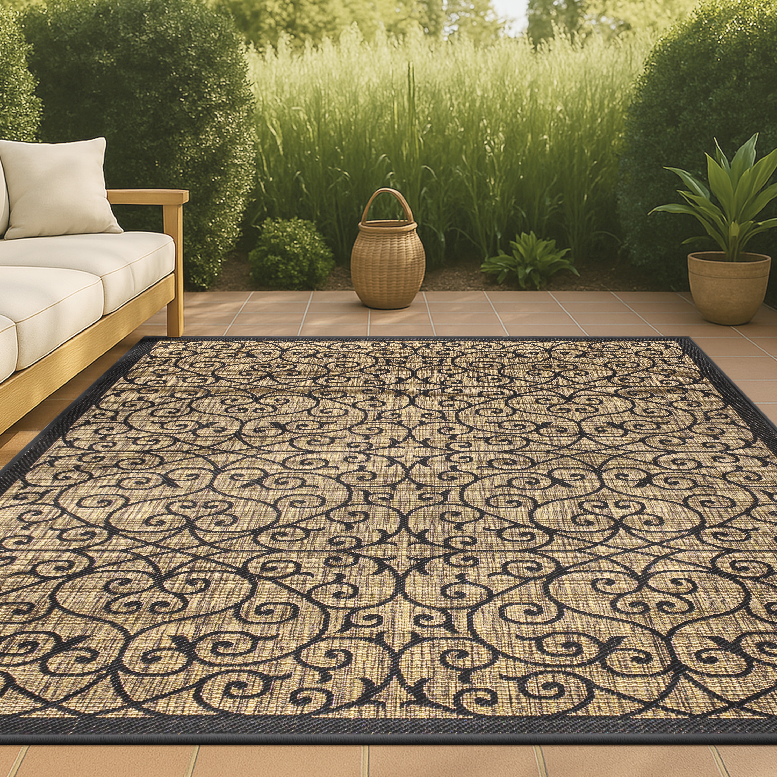 JONATHAN  Y SMB107A-8 Santa Monica Madrid Filigree Textured Weave 8 x 10 (ft) Loomed Polypropylene Black/Khaki Rectangular Indoor/Outdoor Border Coastal Area rug