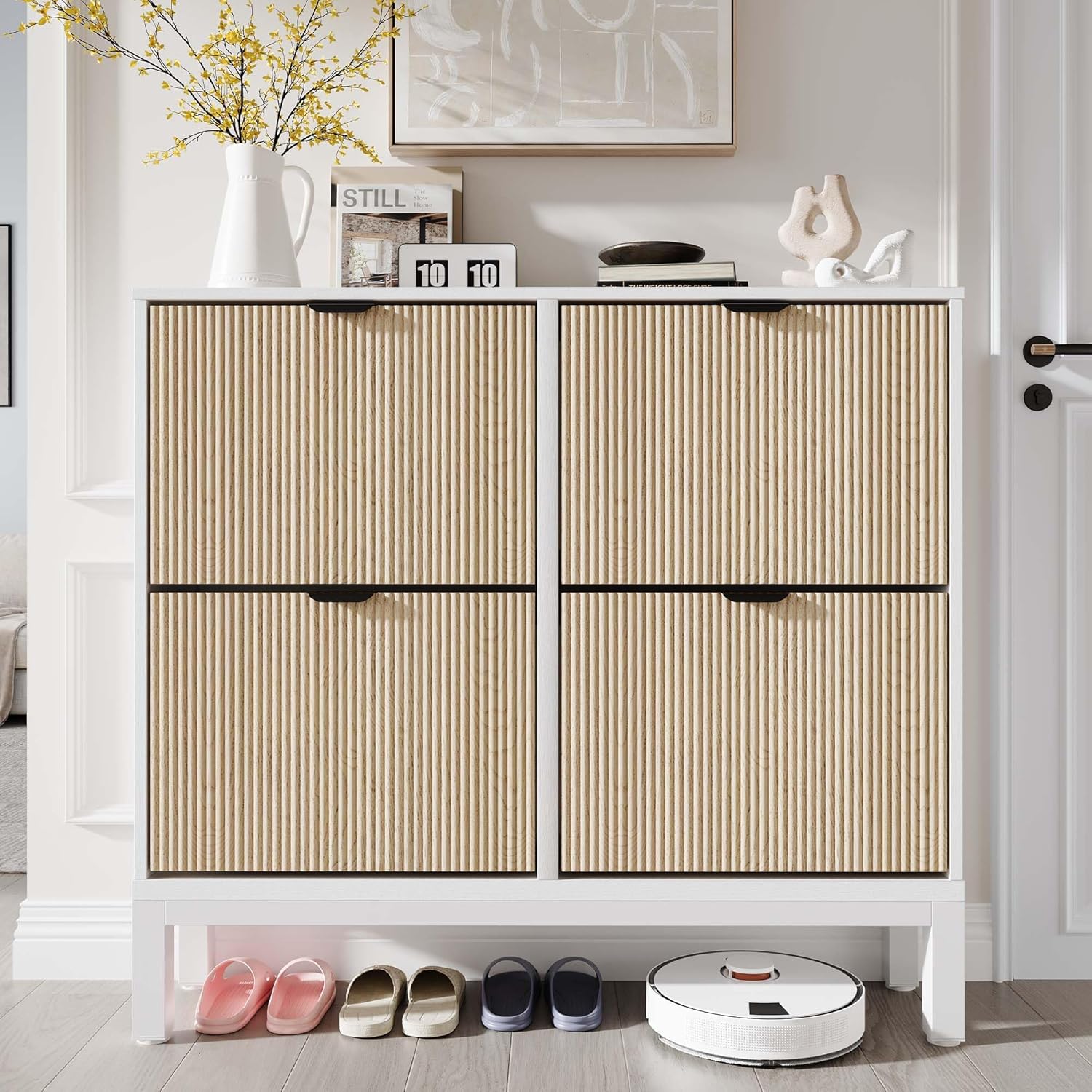 Qeetex LHF-XG-5915057 Shoe Storage Cabinet with 4 Flip Drawers Farmhouse Fluted Shoe Organizer with Metal Legs Freestanding Hidden Slim Narrow Shoe Rack for Entryway Foyer Hallway