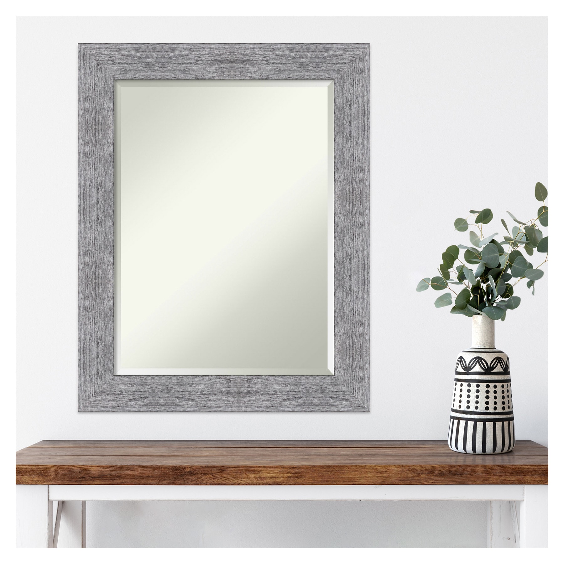 Gray Bark Rustic Rectangular Wall Mirror with Beveled Glass