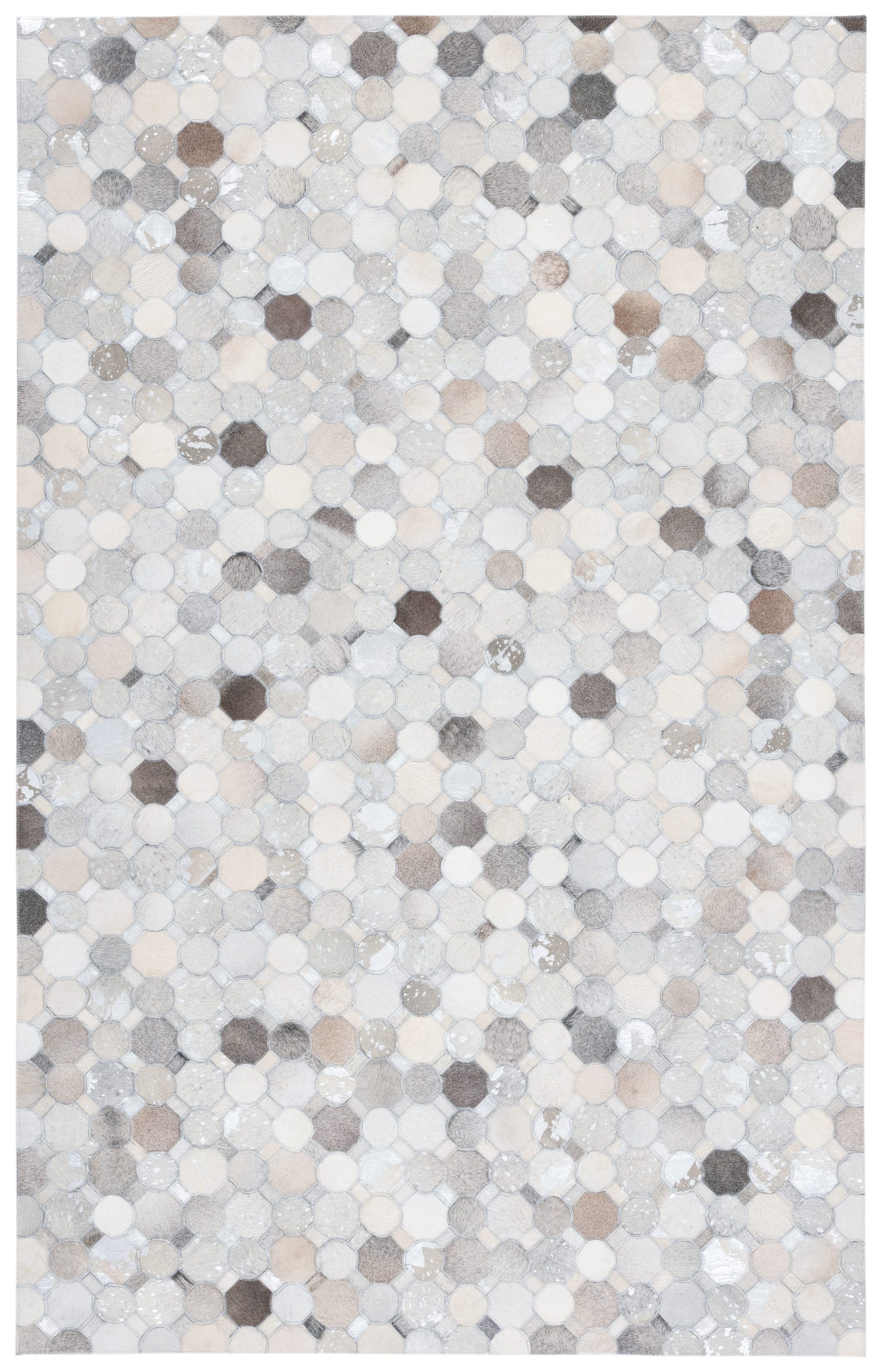 Ivory and Gray Geometric Cowhide Flatweave Rug, 4' x 6'
