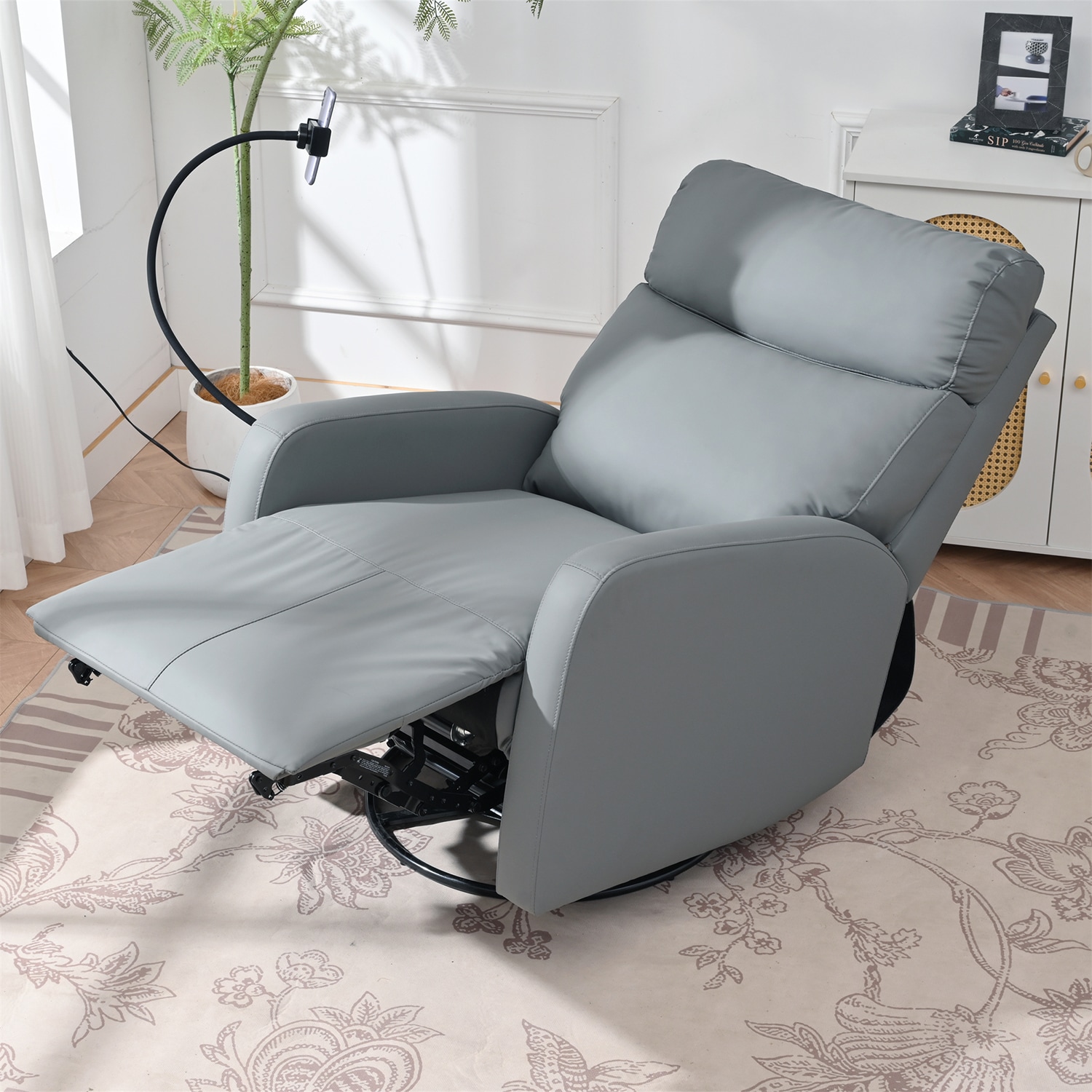 GZMR GM-W1040 Power Swivel Rocker Glider Nursery Recliner Chair Blue-gray Faux leather Upholstered Swivel Powered Reclining Recliner