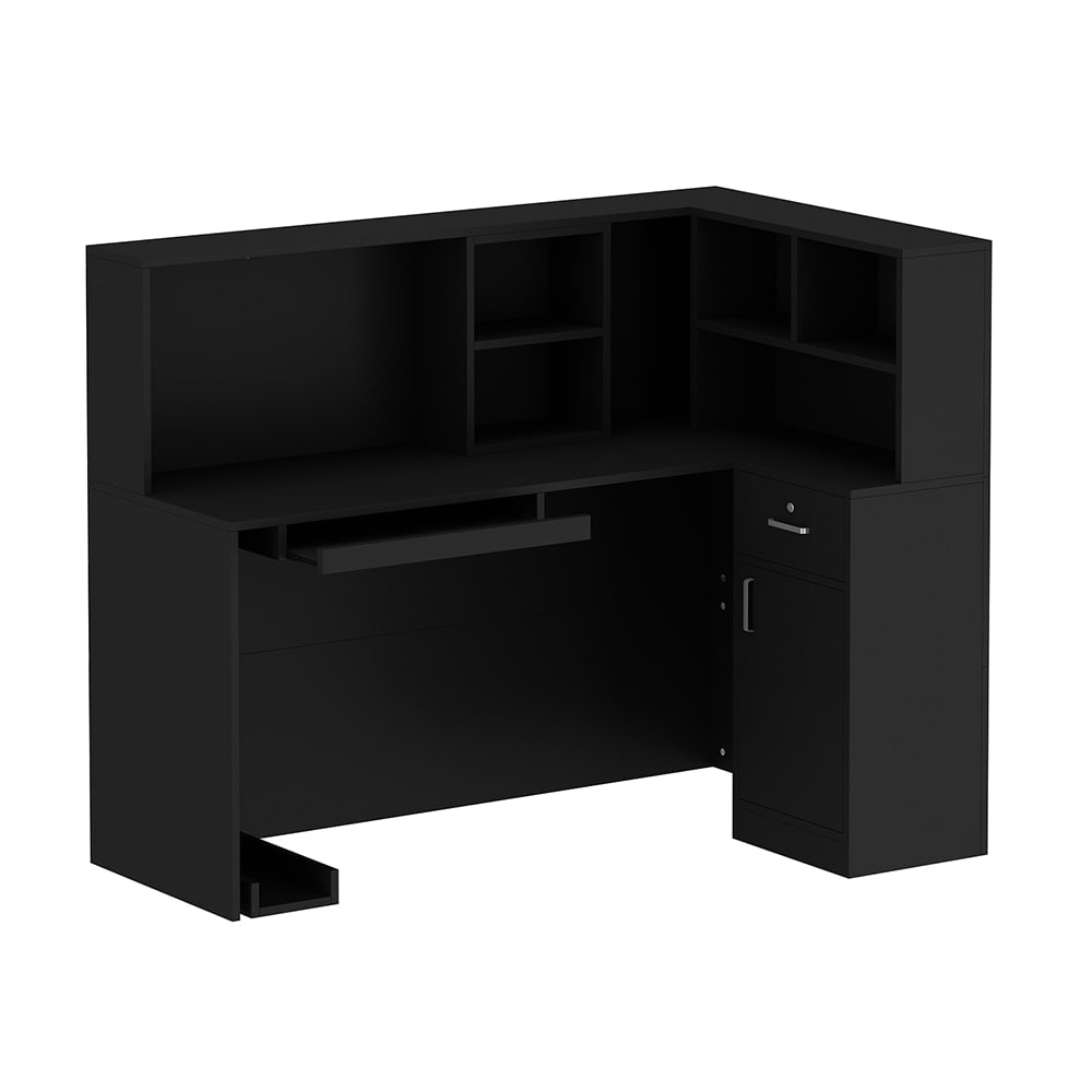  V-WFKF210088-08 Black Modern L-Shaped Reception Desk with Lockable Drawer and Open Shelves