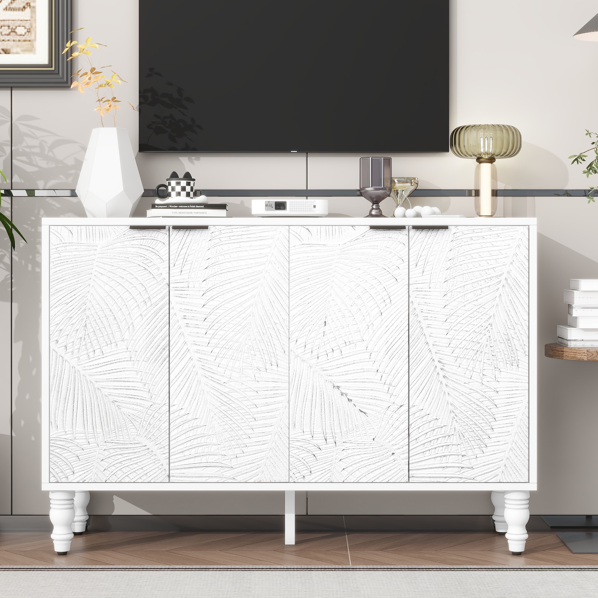 Tatayosi XH-P233372K 47 Inch Modern TV Stand with Leaf Design and Adjustable Storage for TVs Up to 43 Inches