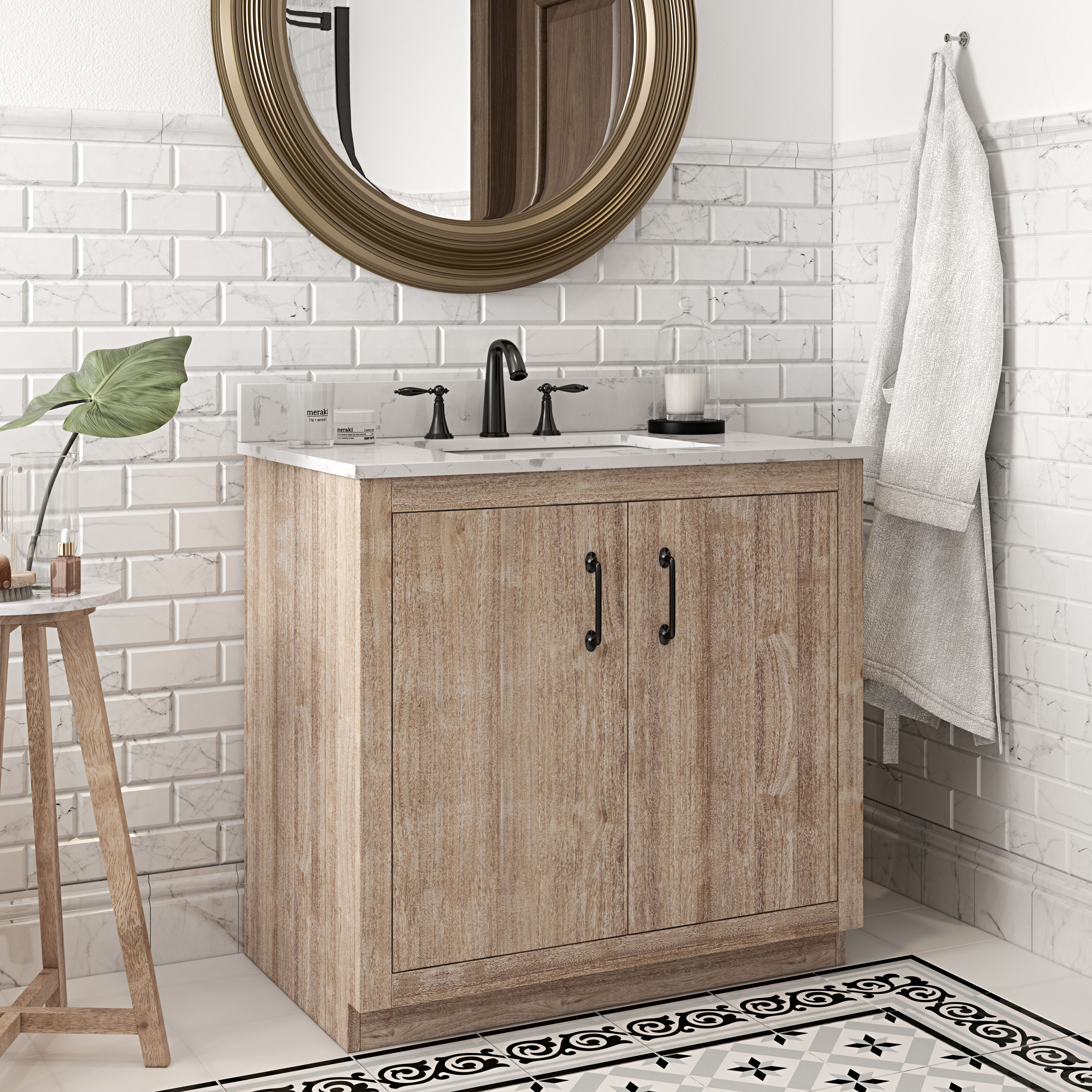Northridge Home 9V318V36 Pryer 36-in Natural Undermount Single Sink Bathroom Vanity with White with Gray Veining Quartz Top