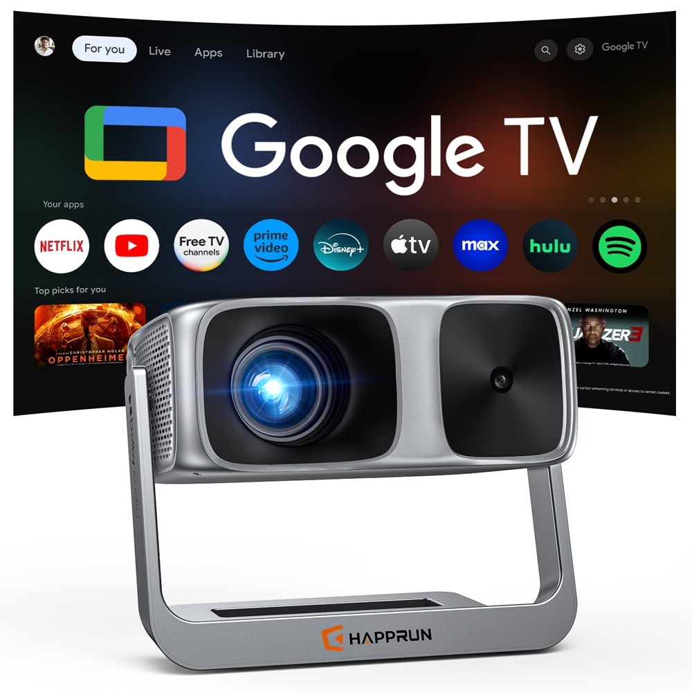 HAPPRUN HAPPRUN Official Licensed Google TV Projector 4K Decoding Smart Projector with Wifi and Bluetooth Auto Focus Dolby Sound Home Theater with 270 degrees Stand