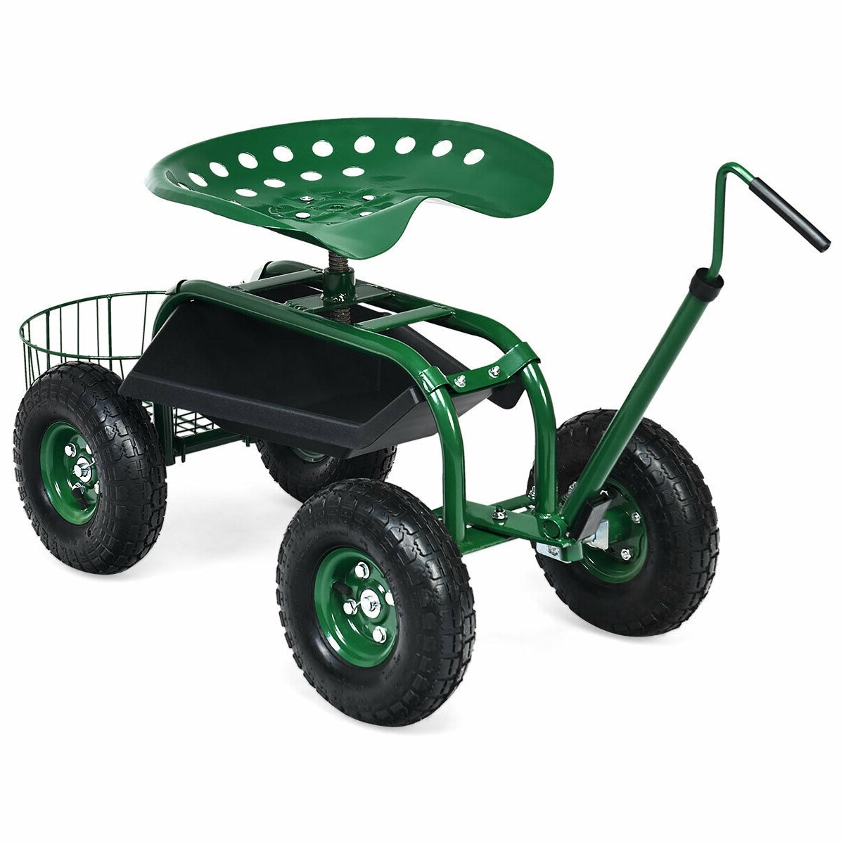 Slickblue D-CO-0573TG 330 lbs Steel Frame Rolling Garden Yard Cart with 360° Swivel Height Adjustable Extendable Handle Seat Tool Tray Mesh Basket for Lawn and Gardening- Green