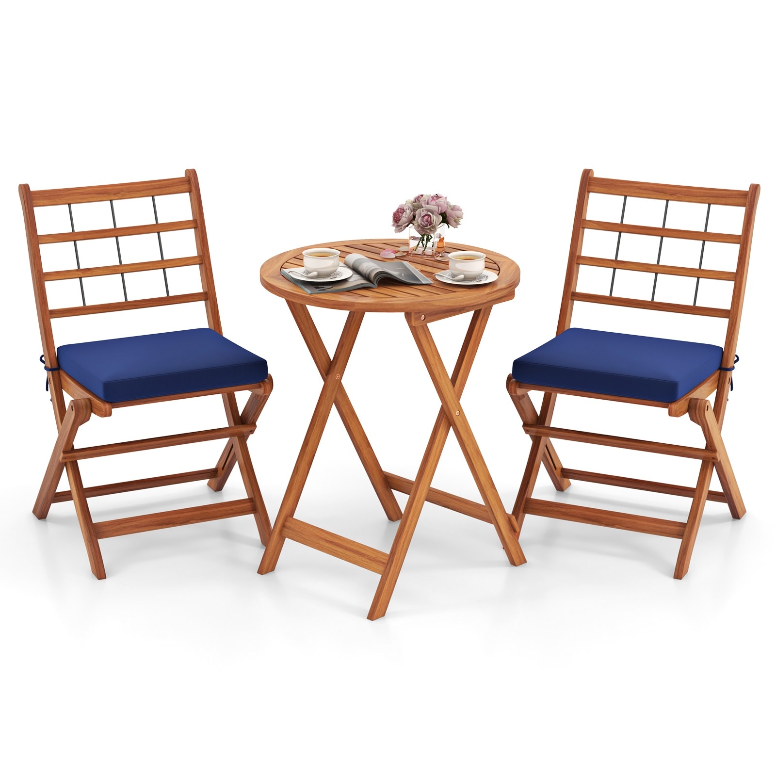 Slickblue D-CO-YN68527WH 3-Piece Natural- Acacia Wood Patio Bistro Set Round Table with 2 Cushioned Folding Chairs in White Gray or Navy for Patio Balcony Garden