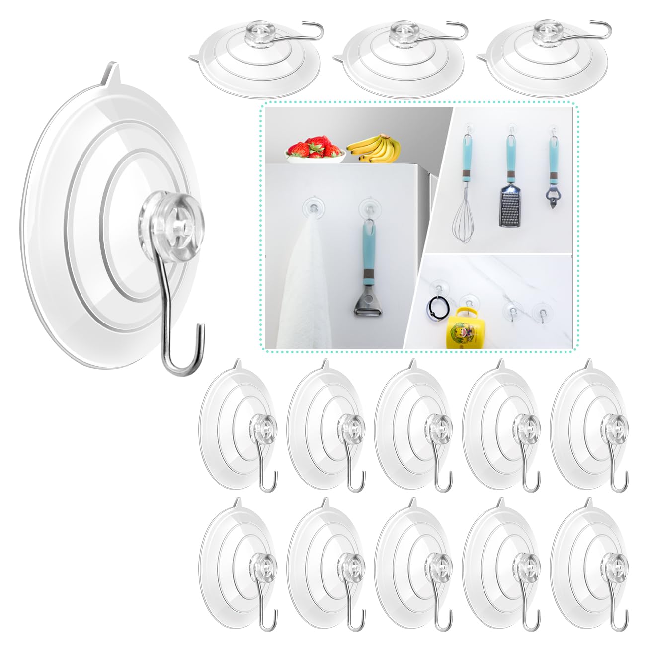 KHKFY  14 Pack Strong Clear PVC Suction Cups with Metal Hooks Removable for Window Glass Shower Wall Holds Up to Three Pounds