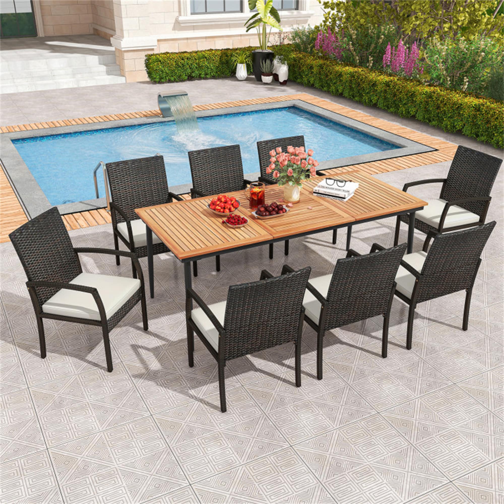 BABOOM BOM-HW71587-CO Outdoor Dining Furniture Sets 9 -Piece Mix Brown Rattan Patio Dining Set Wood Rectangle Table with 8 Off-white Cushions Stationary Chairs