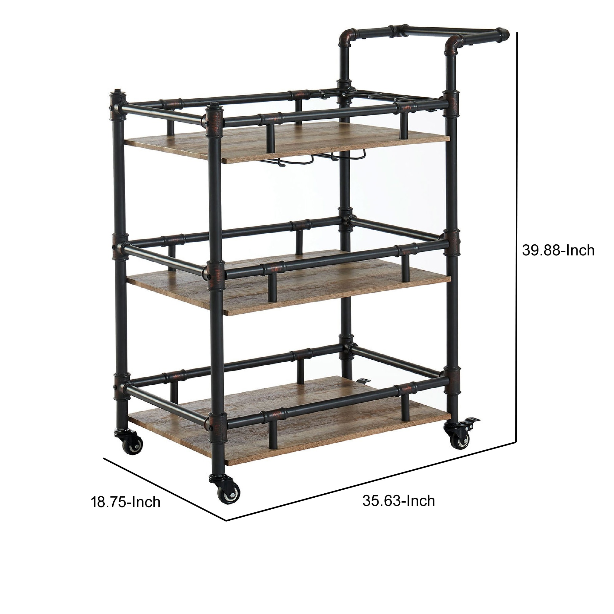 Rustic Black and Brown Three-Tier Wooden Serving Cart with Casters