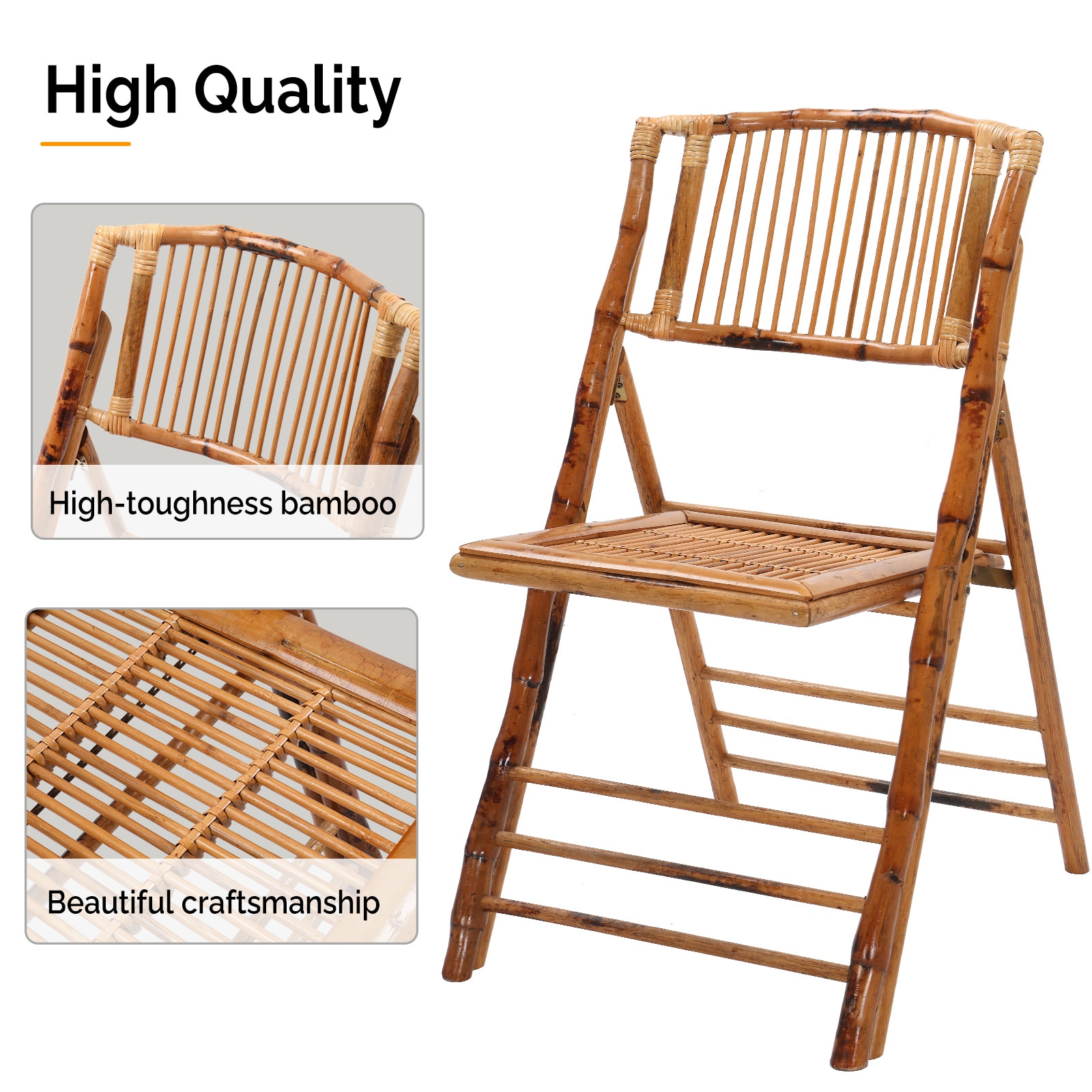 VINGLI Natural Bamboo Folding Armless Dining Chairs, Set of 4