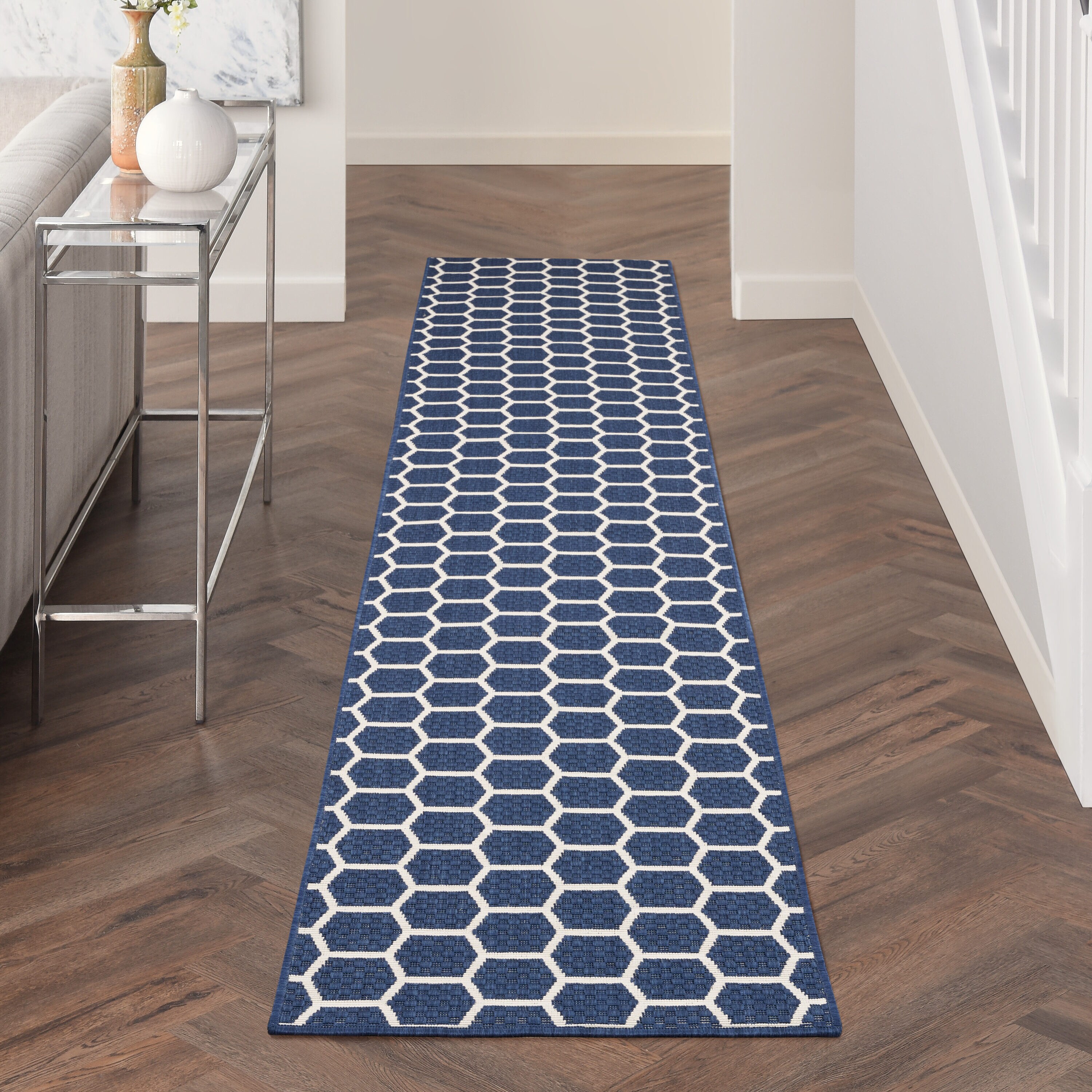 Nourison Home 099446974471 Reversible Indoor Outdoor 2 x 12 (ft) Polyester/Polypropylene Navy Rectangular Indoor/Outdoor Geometric Runner rug