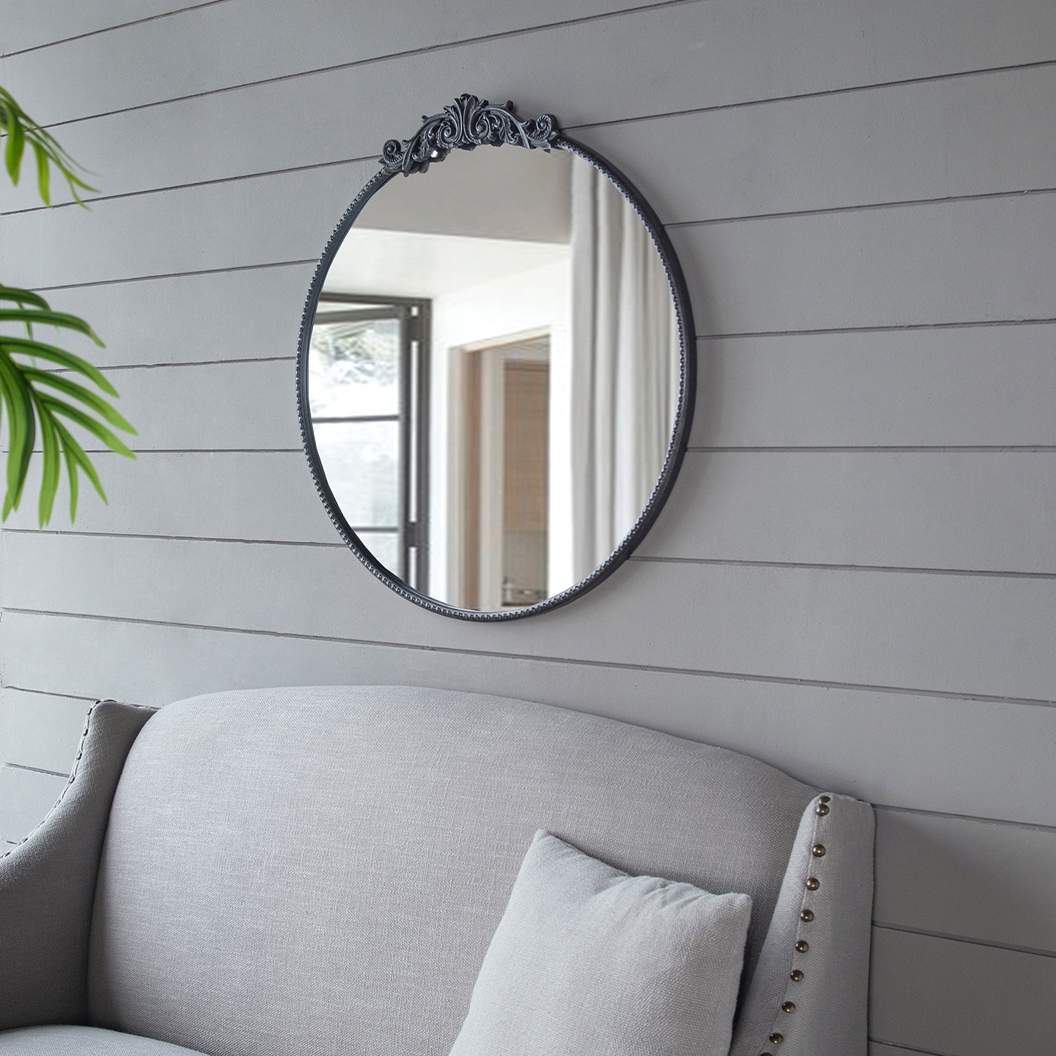 Rainlex 30 in x 32 in Round BaroqueInspired Wall Mirror Classic Ornate Decorative Accent Mirror for Bathroom Entryway Console
