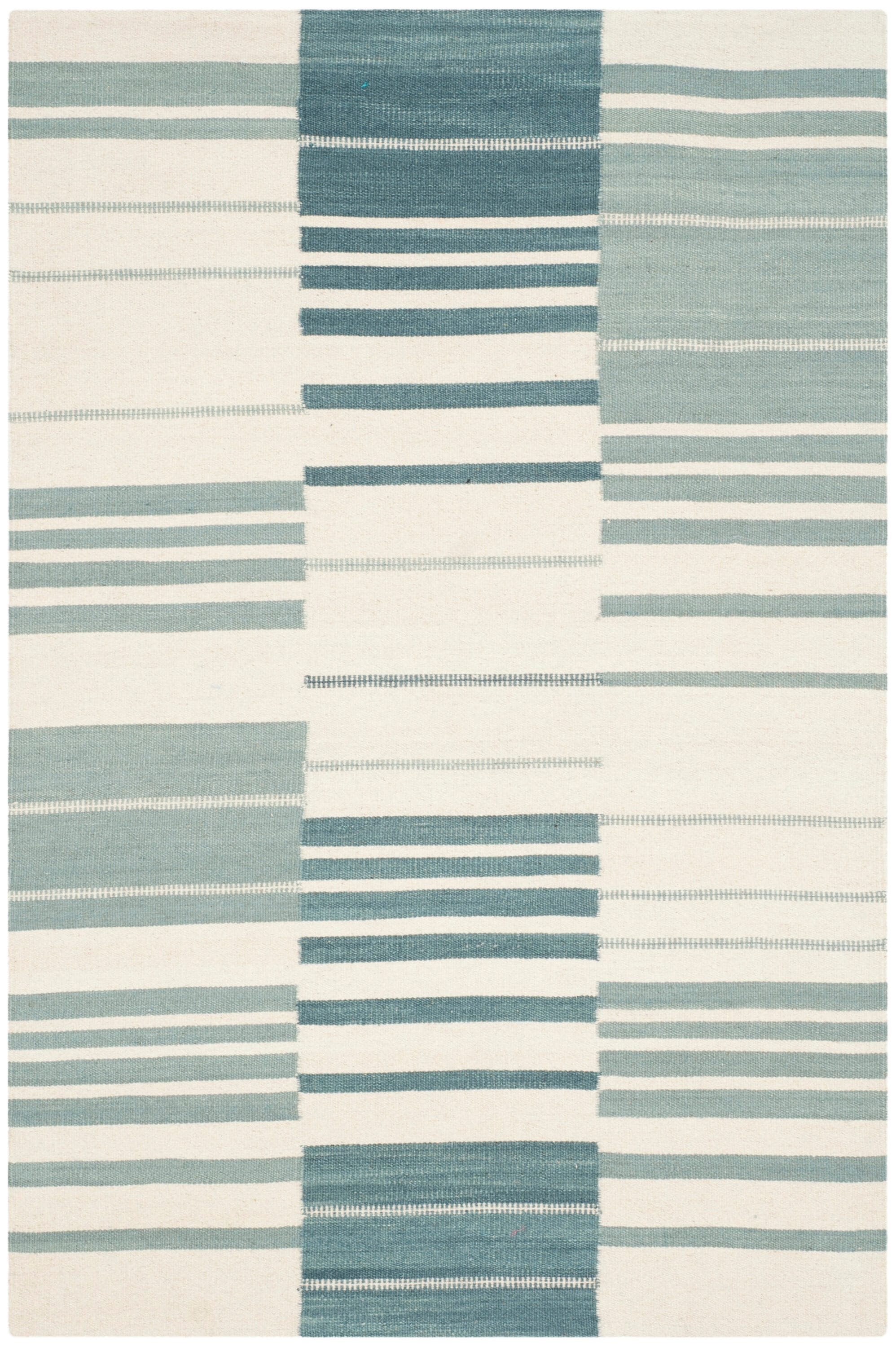 Blue and Ivory Handmade Flat Woven Wool Area Rug, 4' x 6'
