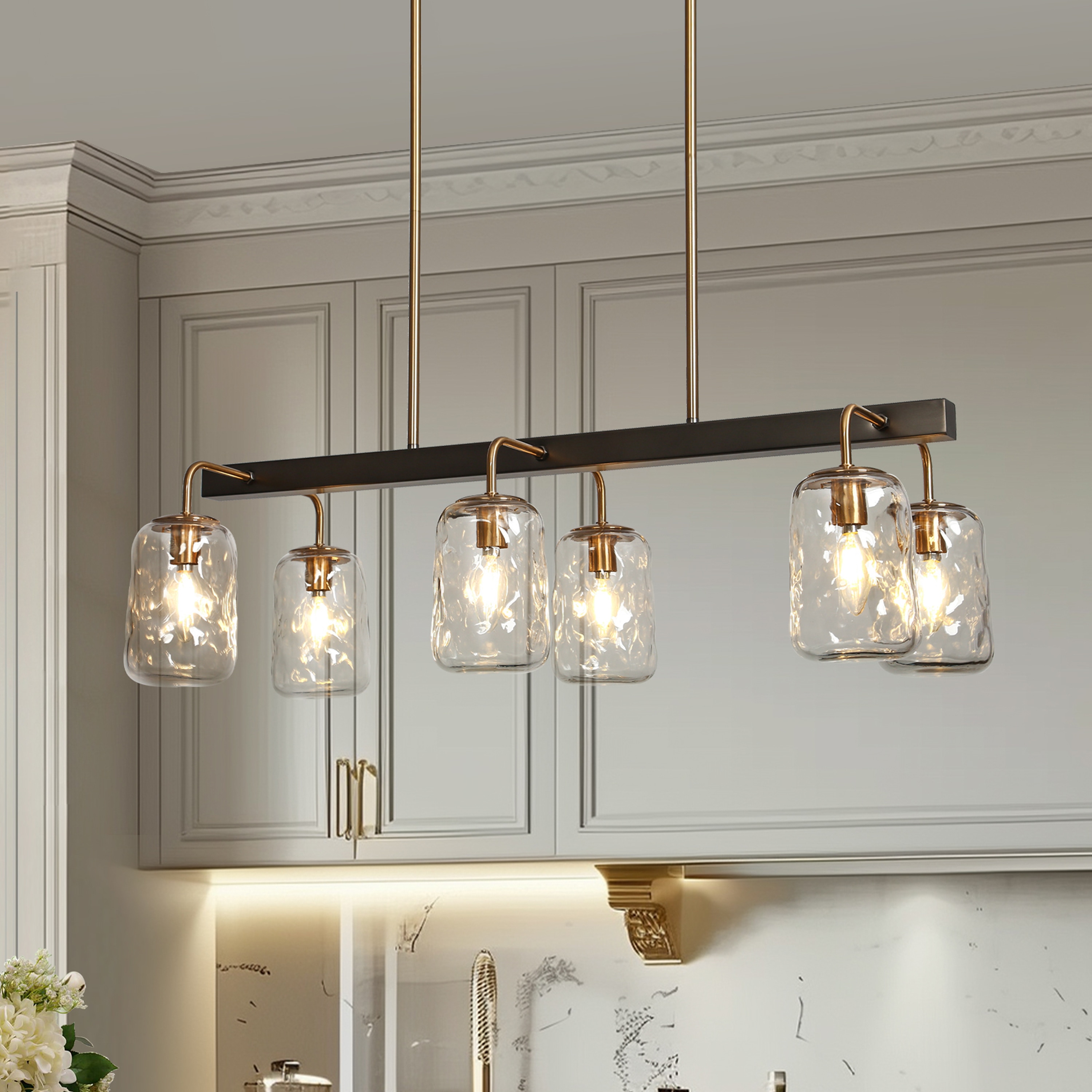 LNC LYJ22UV90H6G8C Erharting 33'' 6 -Light Brushed Black and Polished Gold Glam Textured glass Linear Large Hanging Kitchen island light