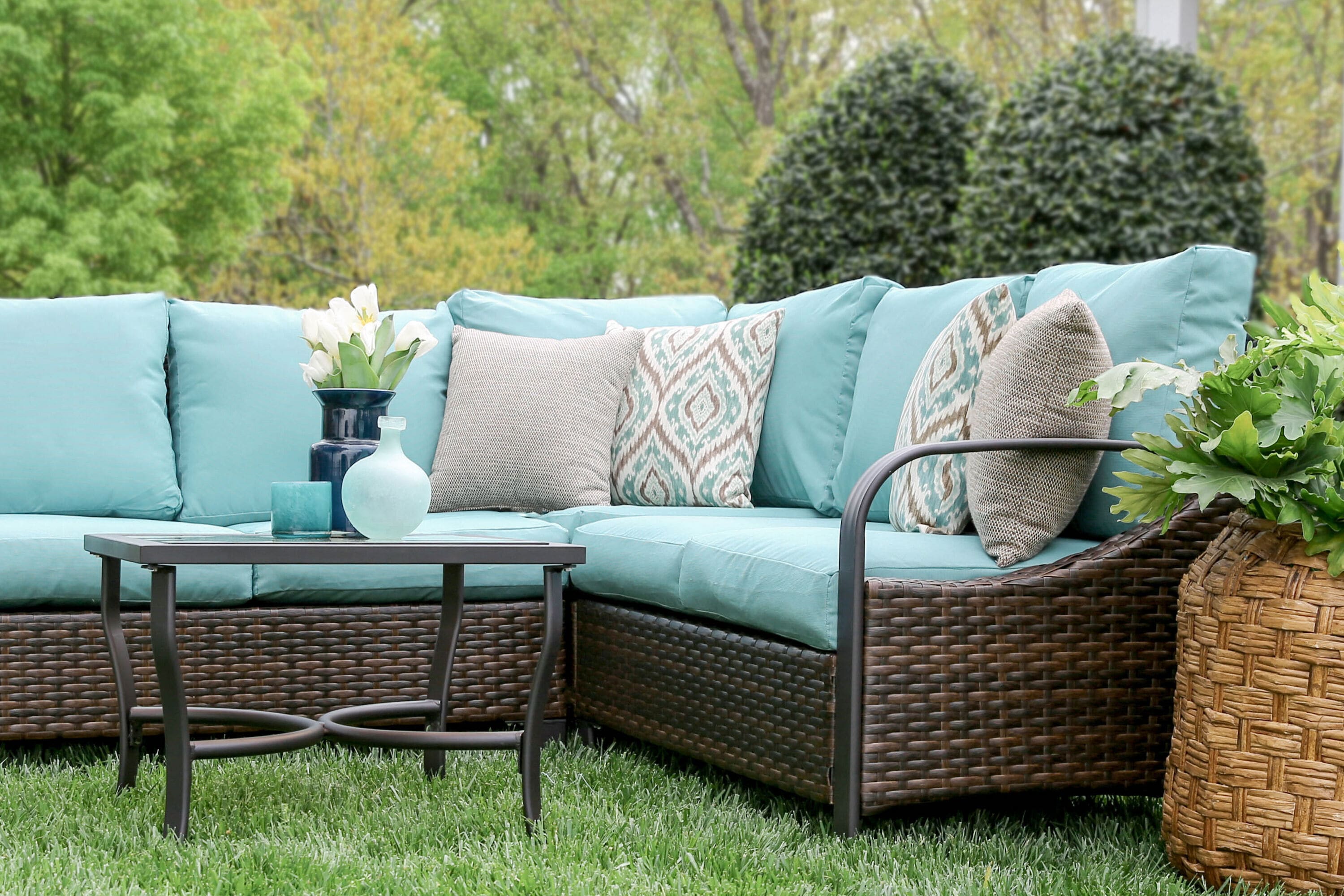 Leisure Made Trenton Wicker Outdoor Sectional with Blue Cushions and ...