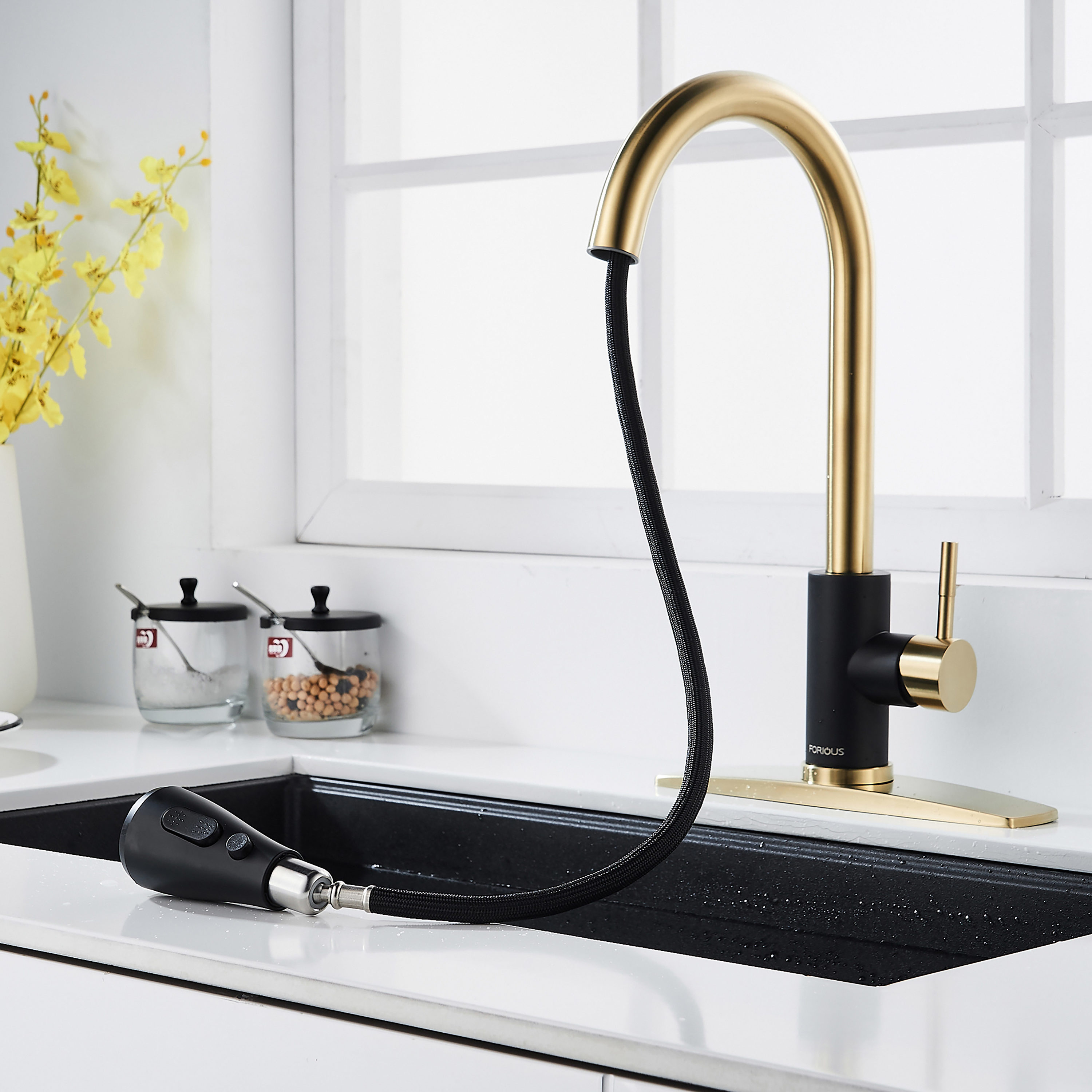 FORIOUS Kitchen Faucet Black And Gold Single Handle Pull-down Kitchen ...