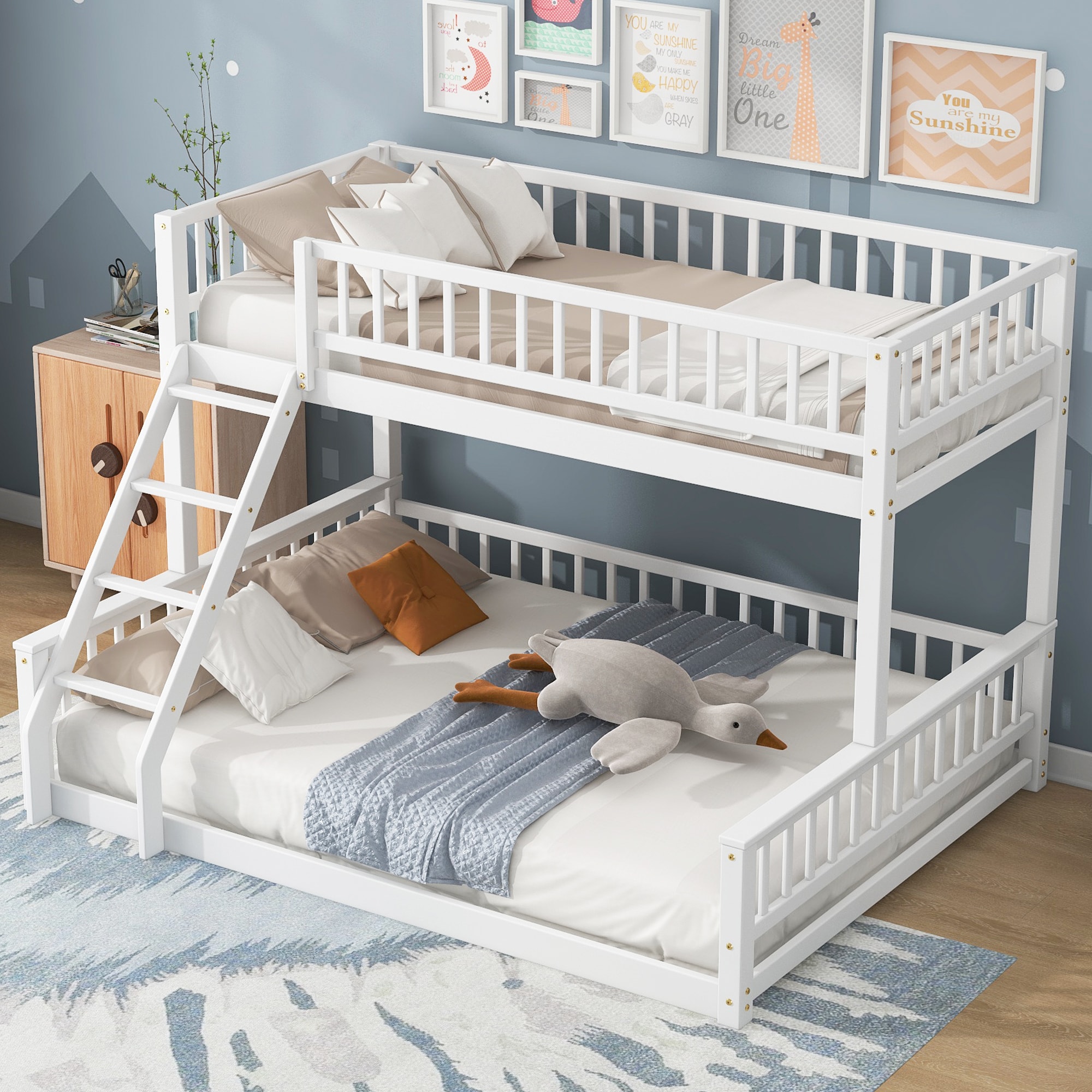 ModernLuxe GX000464AAK Twin XL over Queen Bunk Bed with Ladder and Guardrails White