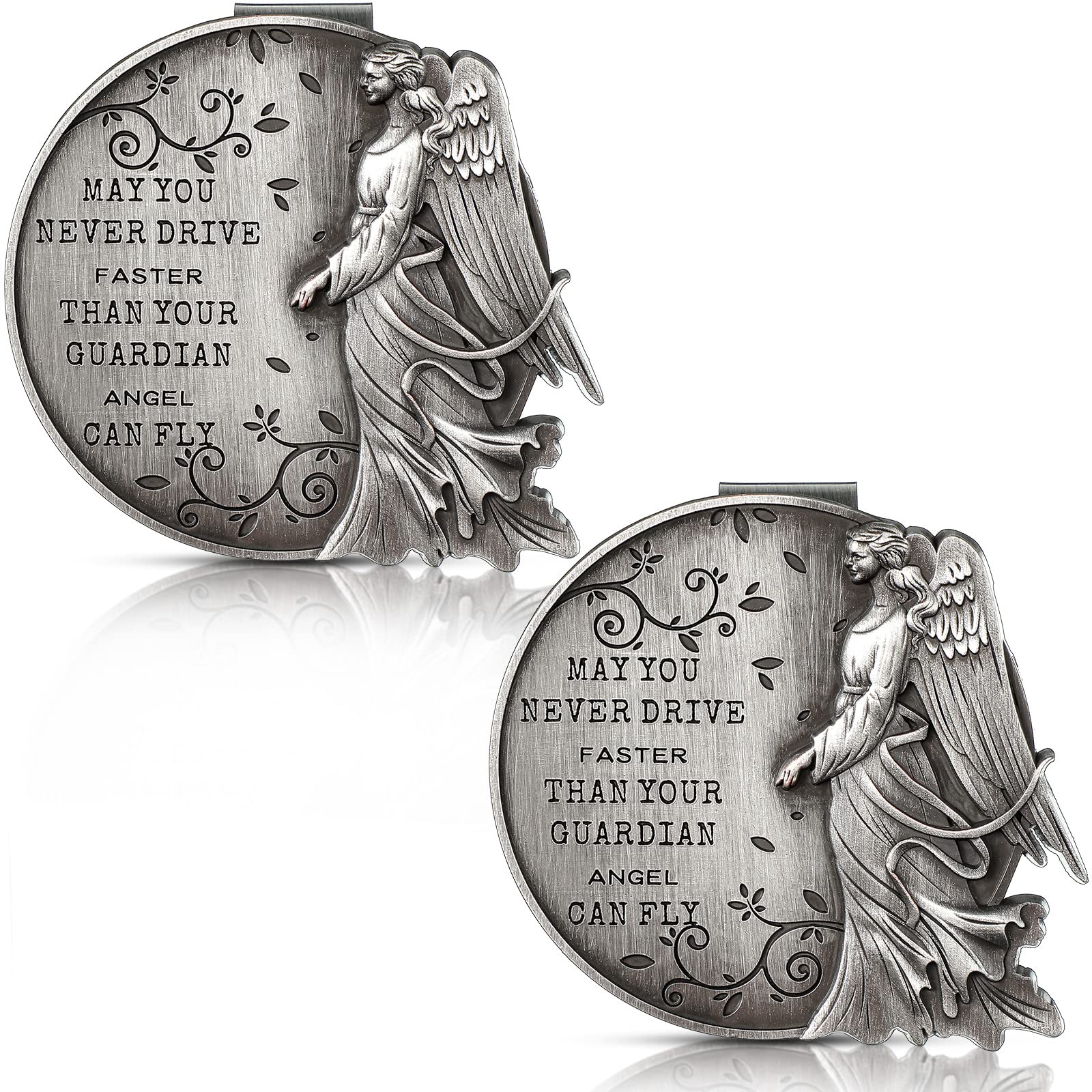 Aoibox  Set of 2 Silver Guardian Angel Car Sun Visor Clips with Quote Detail for Vehicle Interior Display