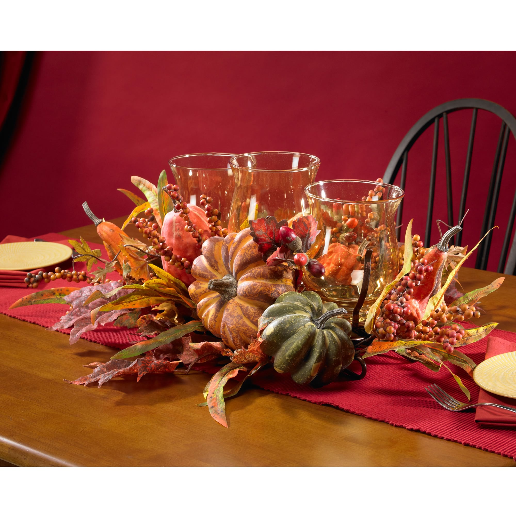 Harvest Triple Glass Candelabrum with Autumn Fruits and Foliage