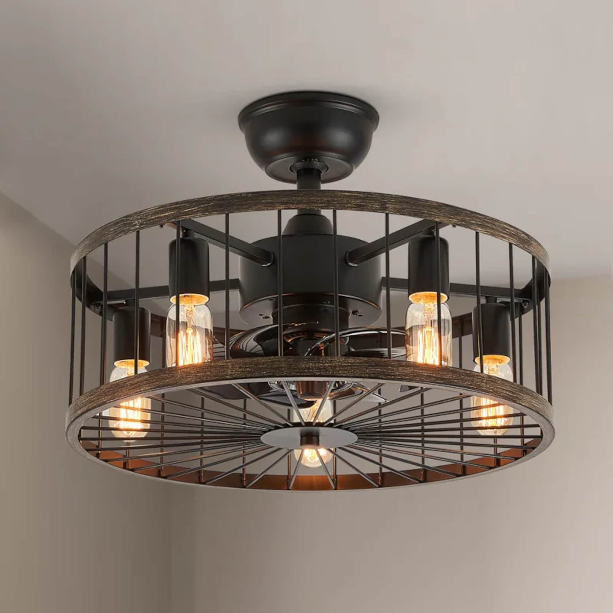 Antoine LSBD-37 20-in Farmhouse Black Cage with Black Blades Fandelier Ceiling Fan With Light - Remote Included ( 8 -Blade )