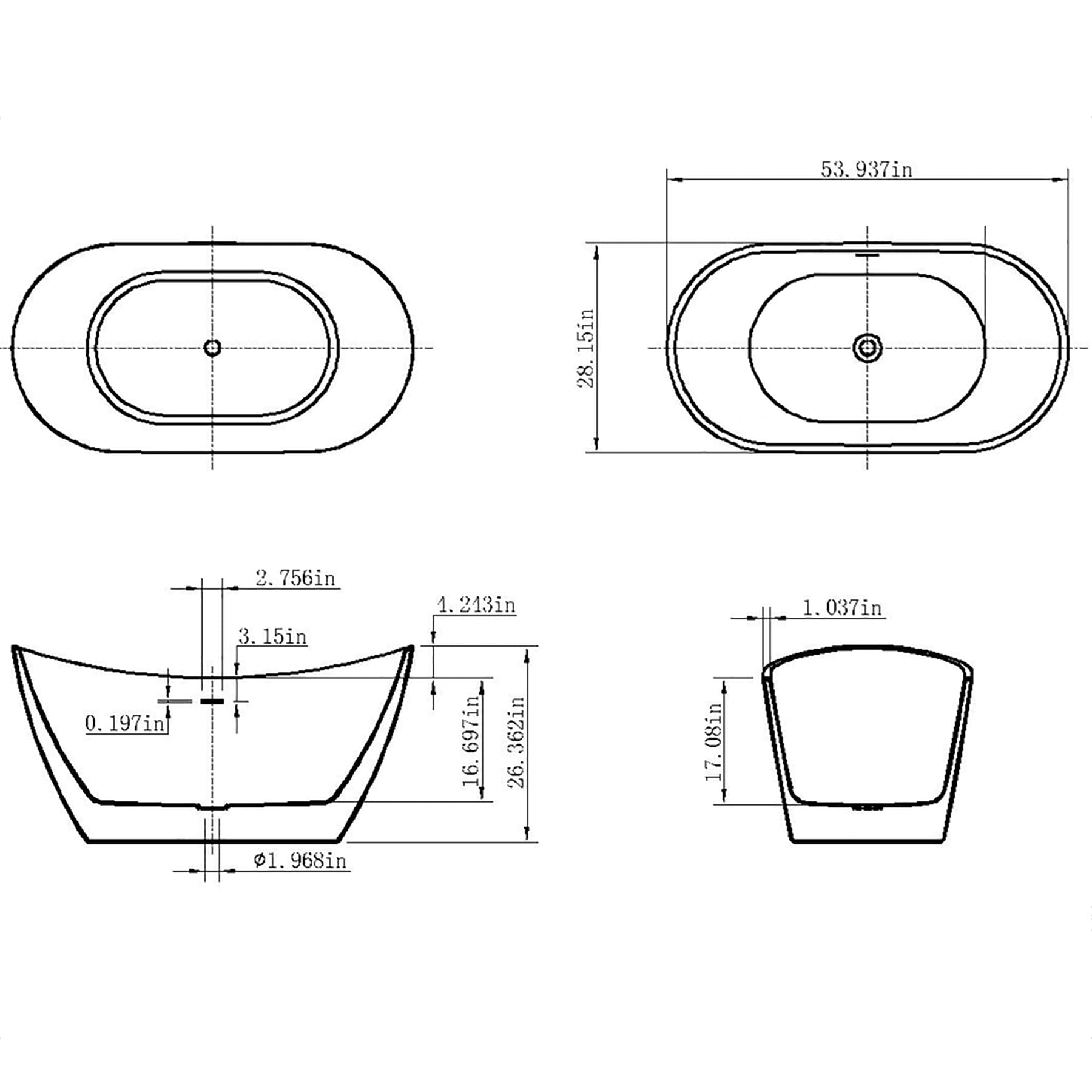 AKDY BT0075 28.1-in x 53.9-in Glossy White Acrylic Oval Freestanding ...