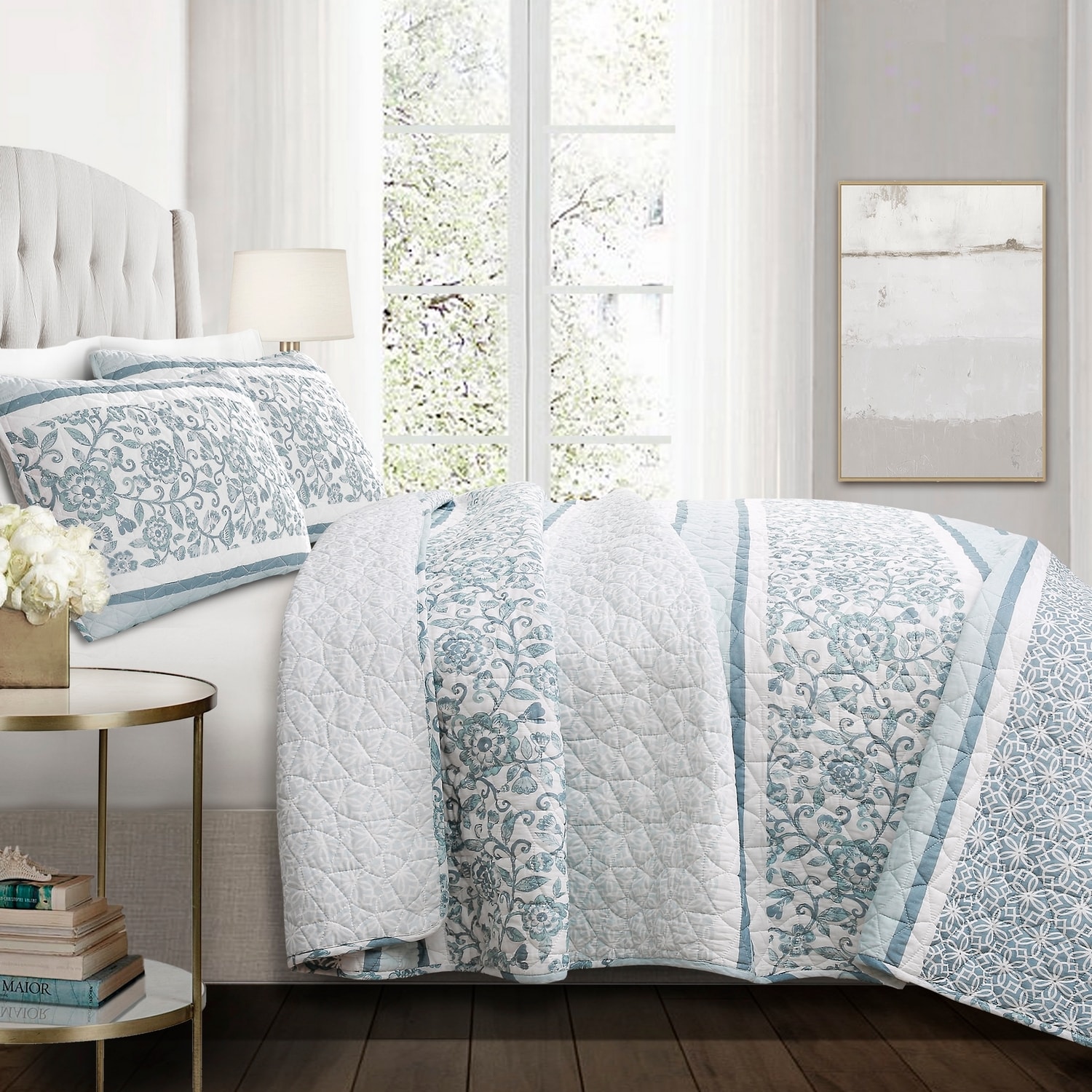 Lush Decor 16T002783 Blue Stripe Reversible King Quilt Cotton