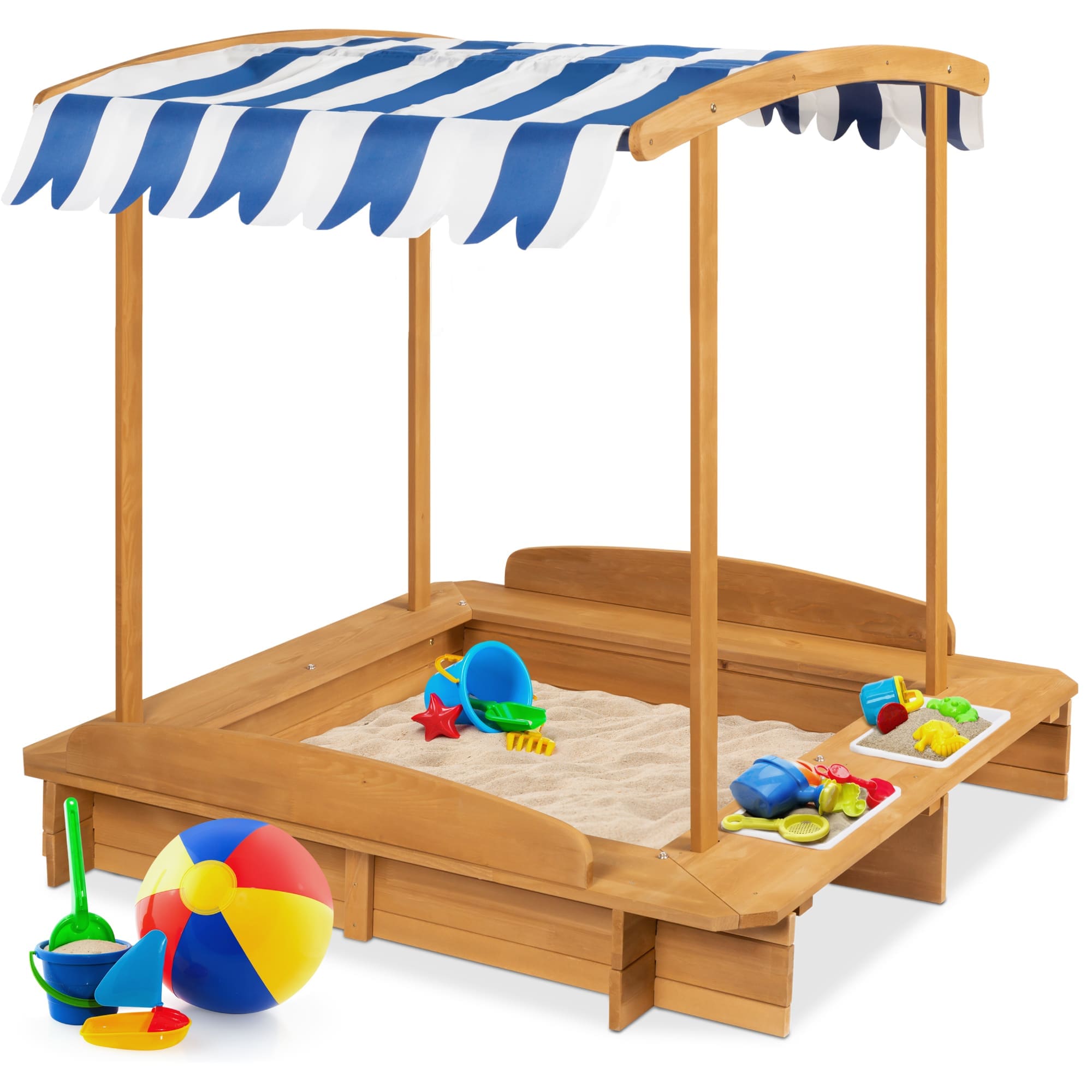 Best Choice Products  Kids Wooden Cabana Sandbox w/ Bench Seats UV-Resistant Canopy Sandpit Cover 2 Buckets - Natural