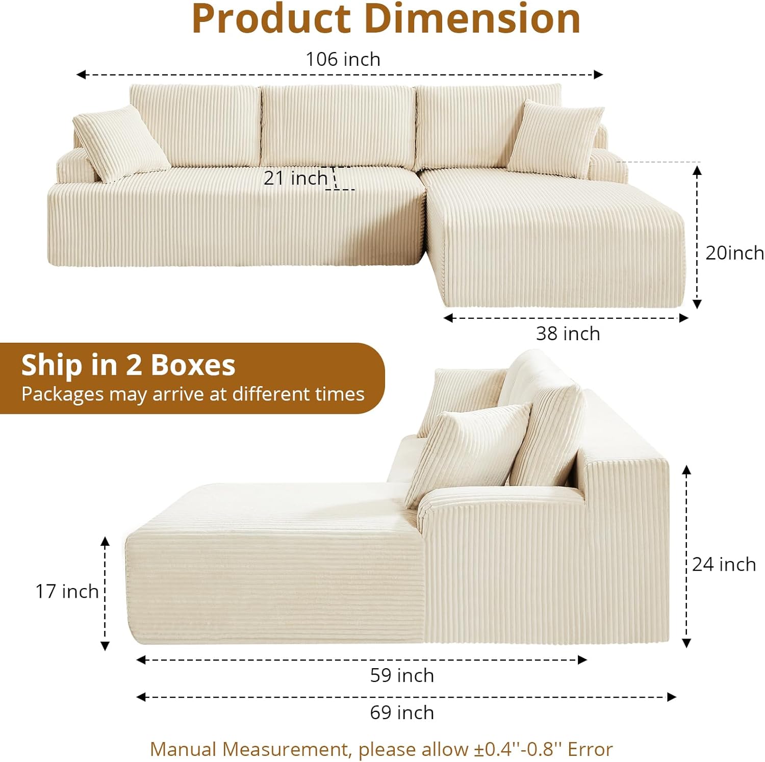Qeetex PHO-34RP8PEK 106 in. Beige Corduroy Sectional Sofa with L-Shape Chaise and Deep Seat