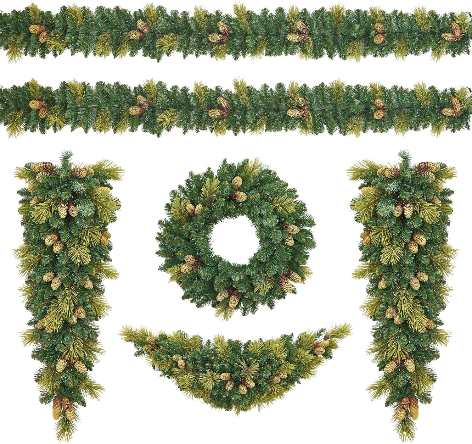 Der Rose 6FT B Pre-Lit White LED Lights Holiday Christmas 6-Piece Set - Tree Garland Wreath Swags Christmas Decorations Set of 6