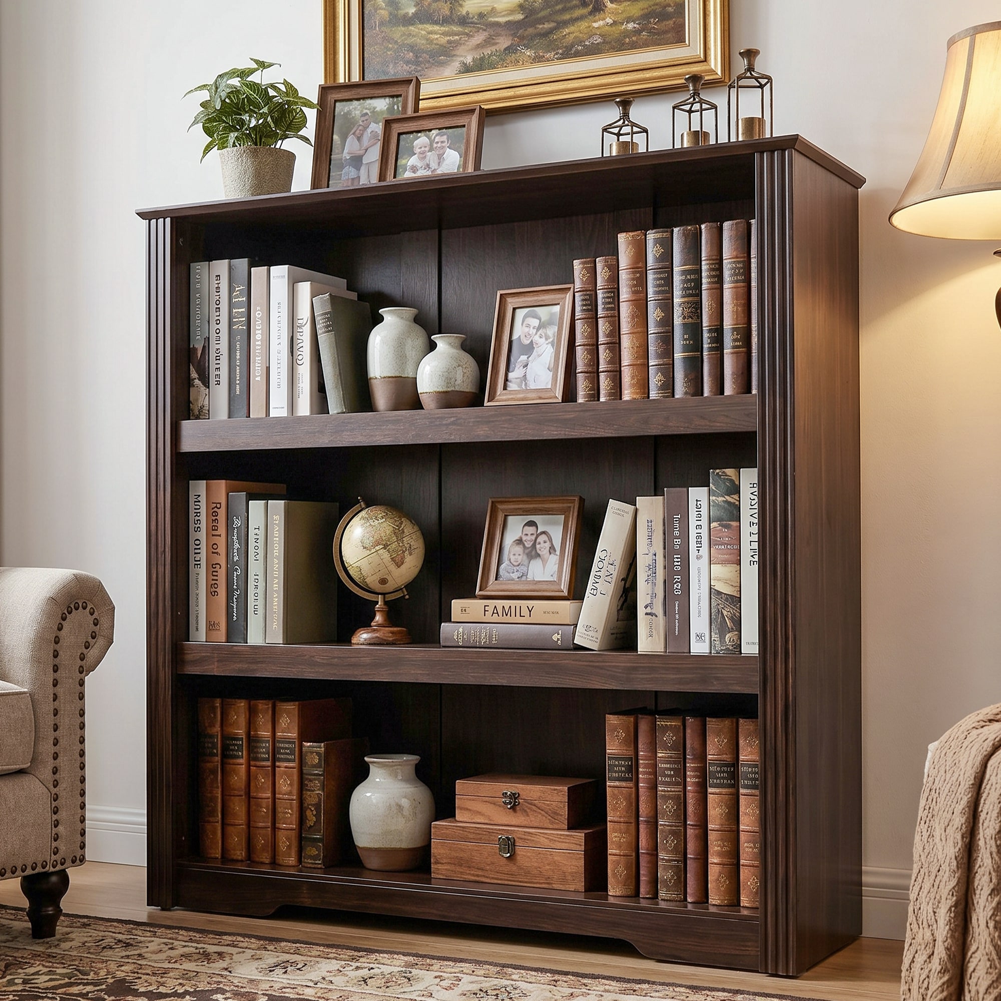 Wooakway Walnut Wooden Bookcase with Adjustable Shelves for Space Saving Storage in Living Room Bedroom and Home Office
