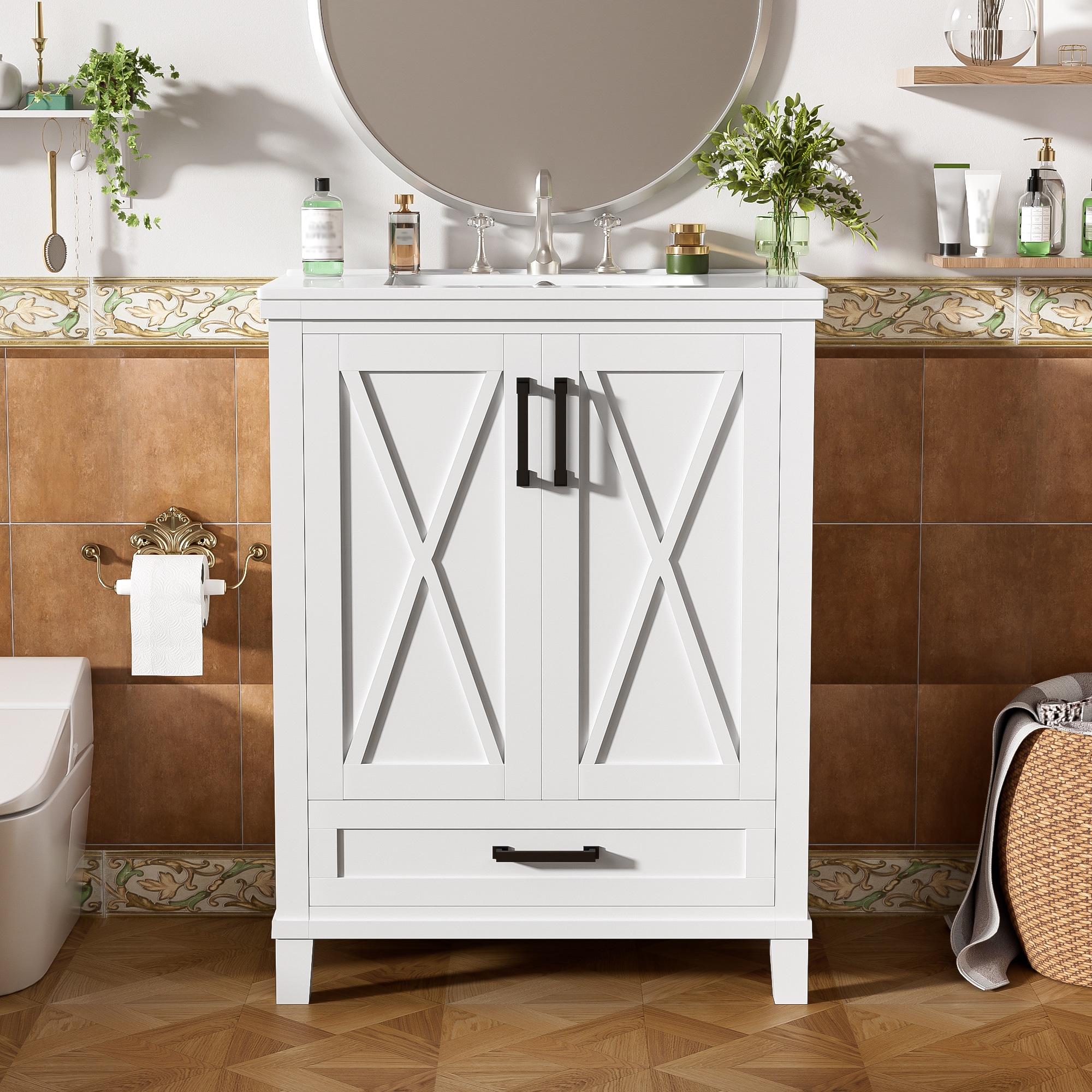 GDFStudio 345629 Lily  Solid Frame and MDF Board 24 Inch Bathroom Vanity with Single Sink with 2 Soft-close Doors and Divider Drawer Dual Storage Shelves
