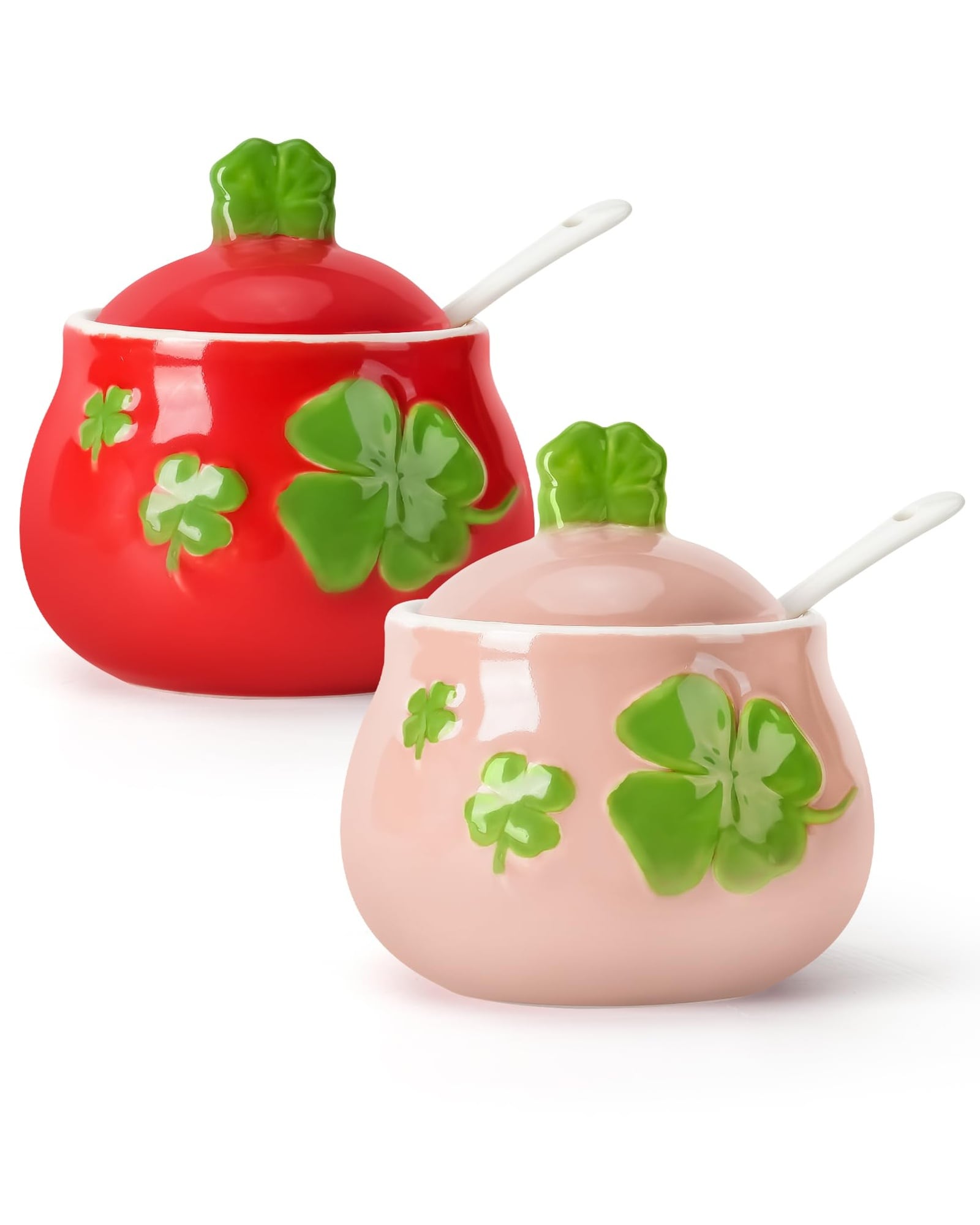 JVFCXXV  Ceramic Sugar Bowl with Lid and Spoon 2 Pack Four Leaf Clover Print Spice Jar for Kitchen Coffee Dining Table Tea Time Salt Jam Honey