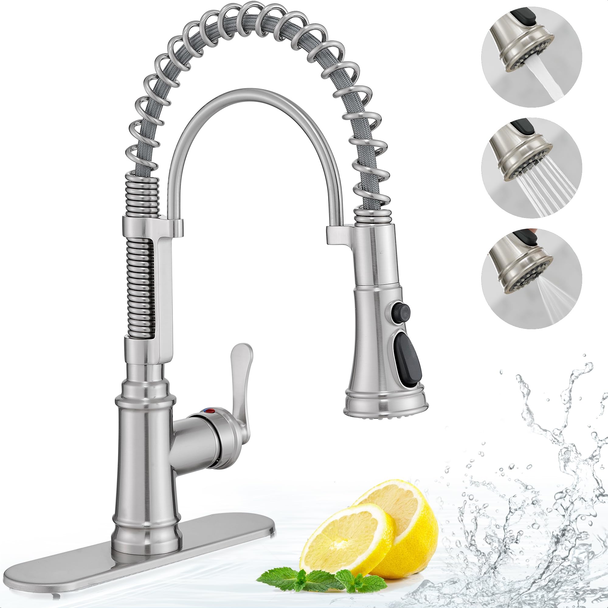 Phyfalip  Pull down Sprayer Kitchen Faucets Brushed Nickel 3 Mode Single Hole Kitchen Faucet 3 Hole 360 Degree Swivel Stainless Steel Faucet for