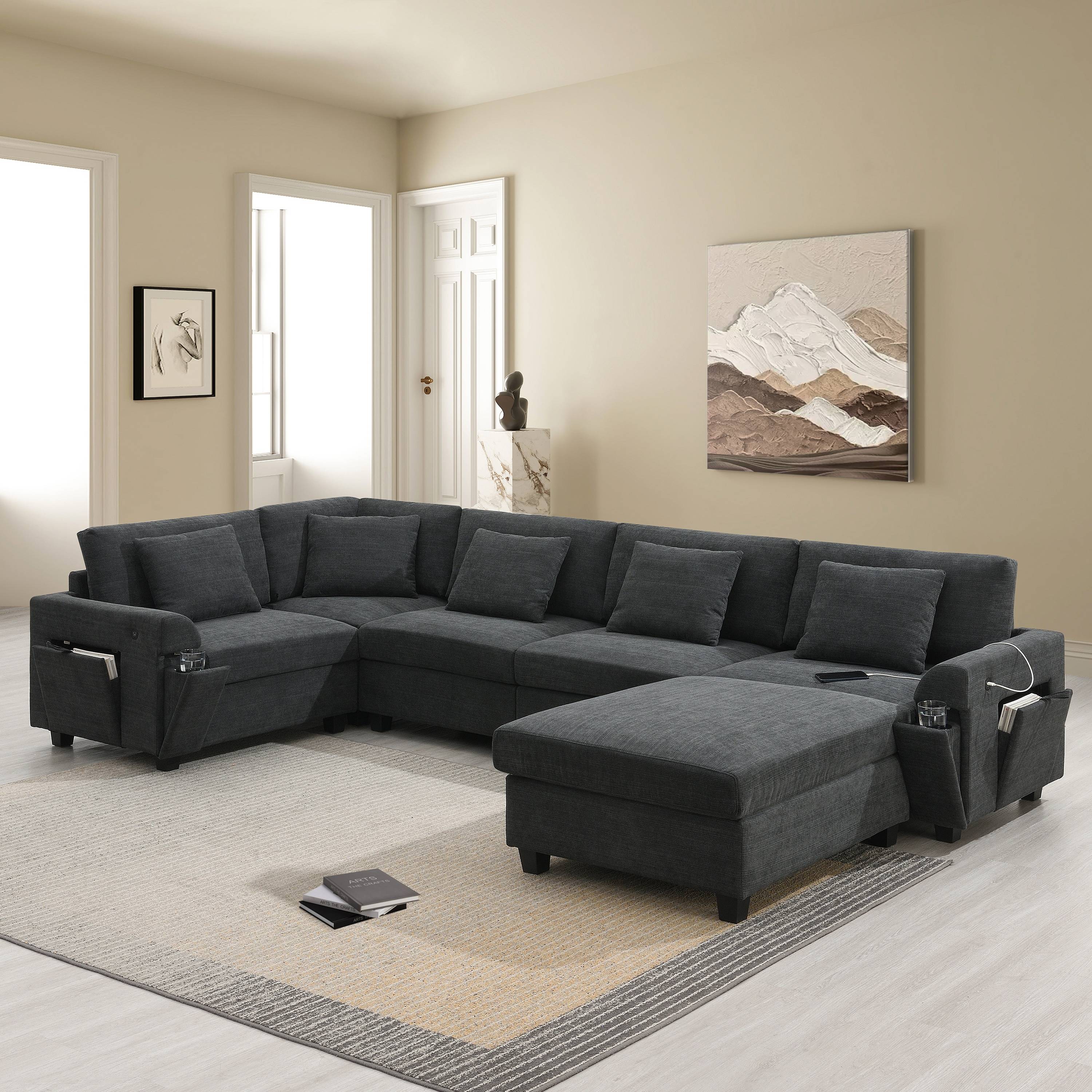 Horizons Prime 128 inch x 67 inch Black Chenille U Shaped Sectional Sofa with Hidden Armrest Storage and Cup Holders