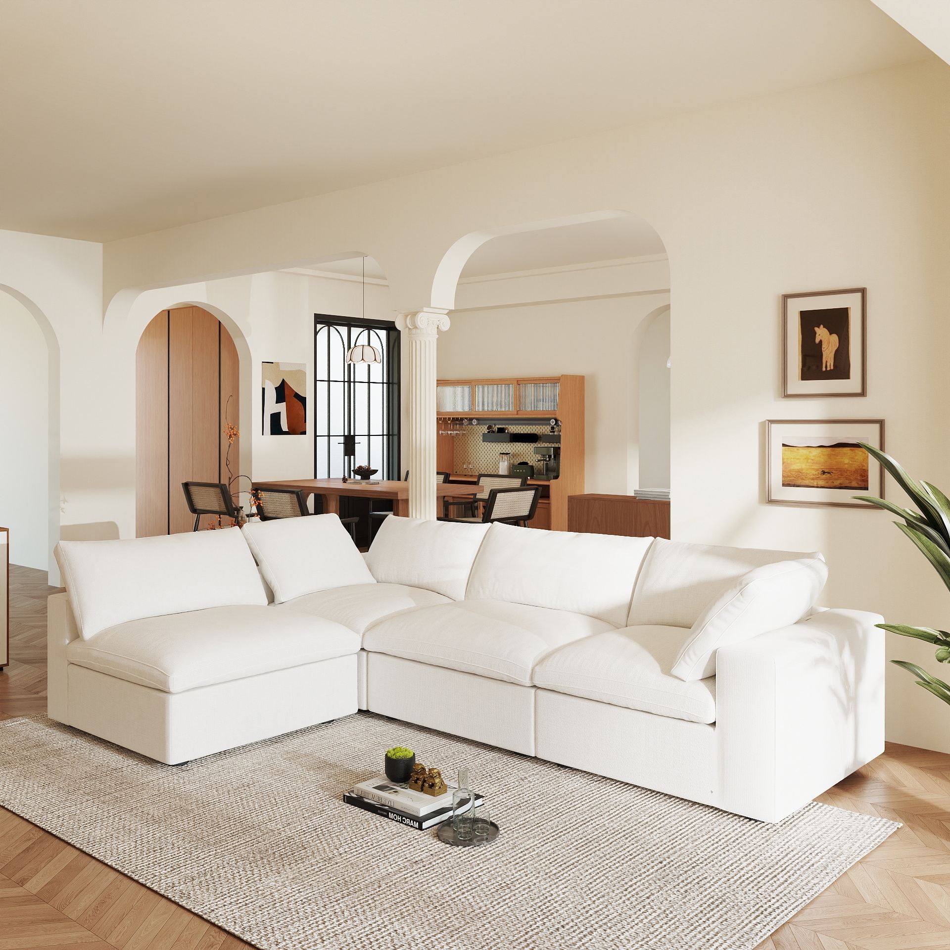 BuotiqHom DH-S4-121WE 157-in Modern White Linen 4 -seater Sectional
