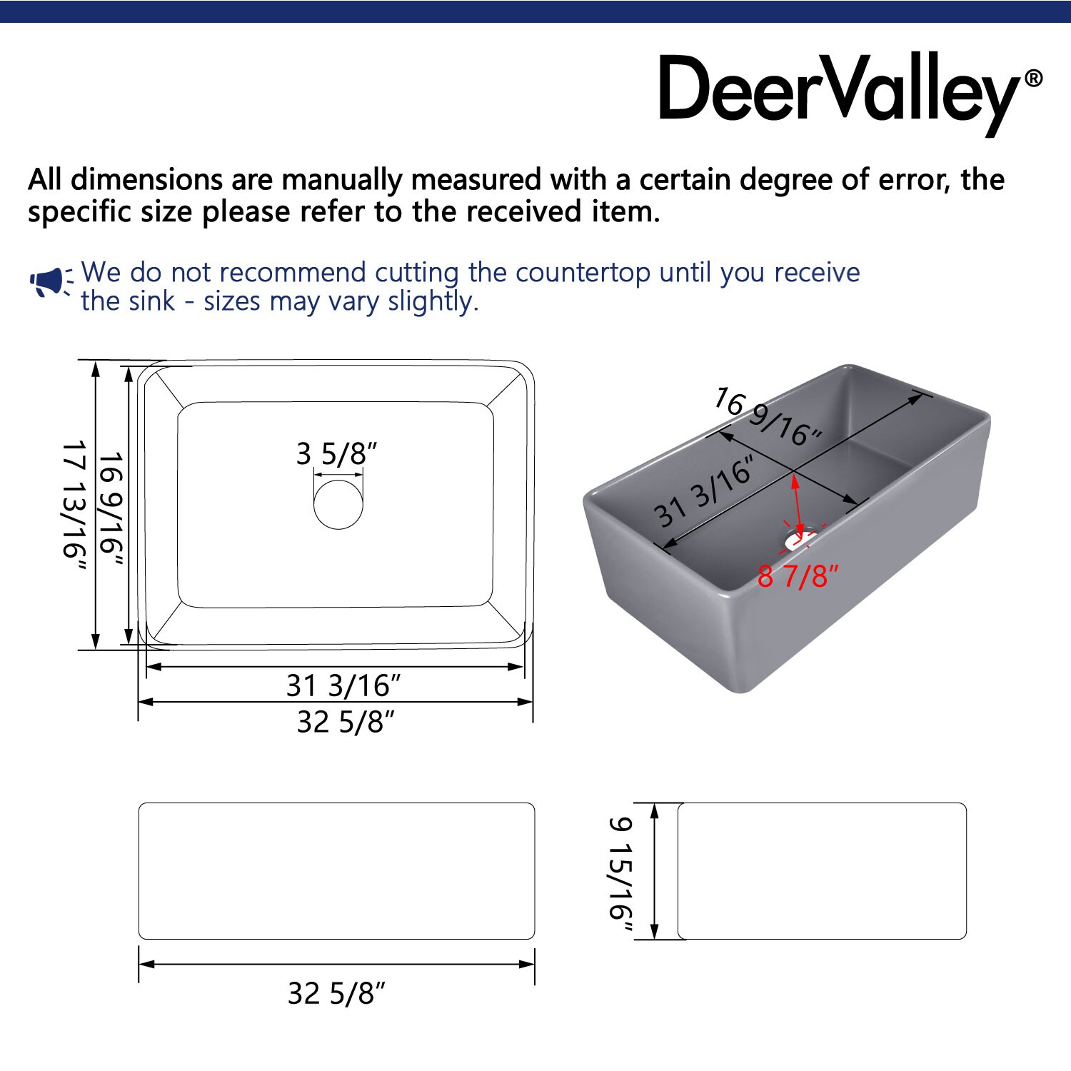 Deervalley Farmhouse Apron Front 33 In X 17 8 In Gray Fireclay Single