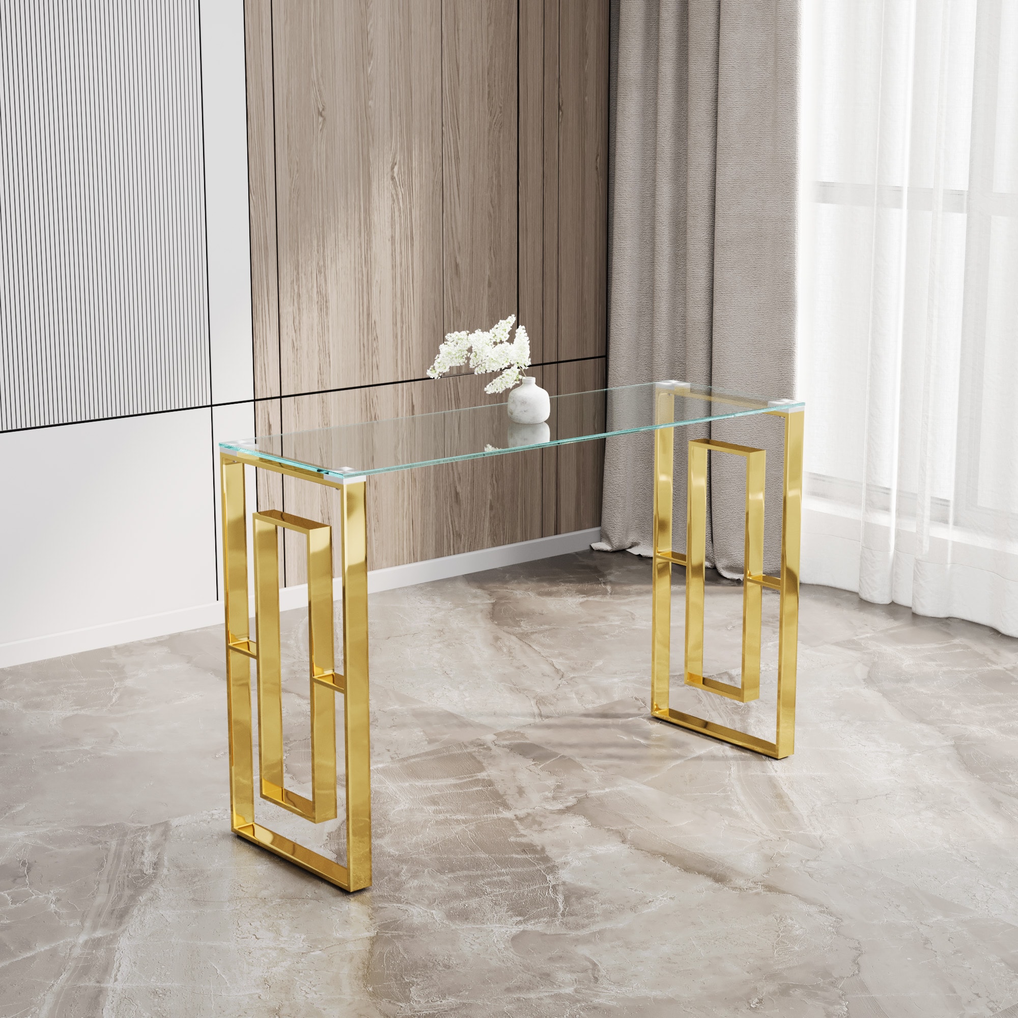LOVMOR SF-M-W1727P195276 Console Table Stainless Steel Glass Meal side table Golden Clear