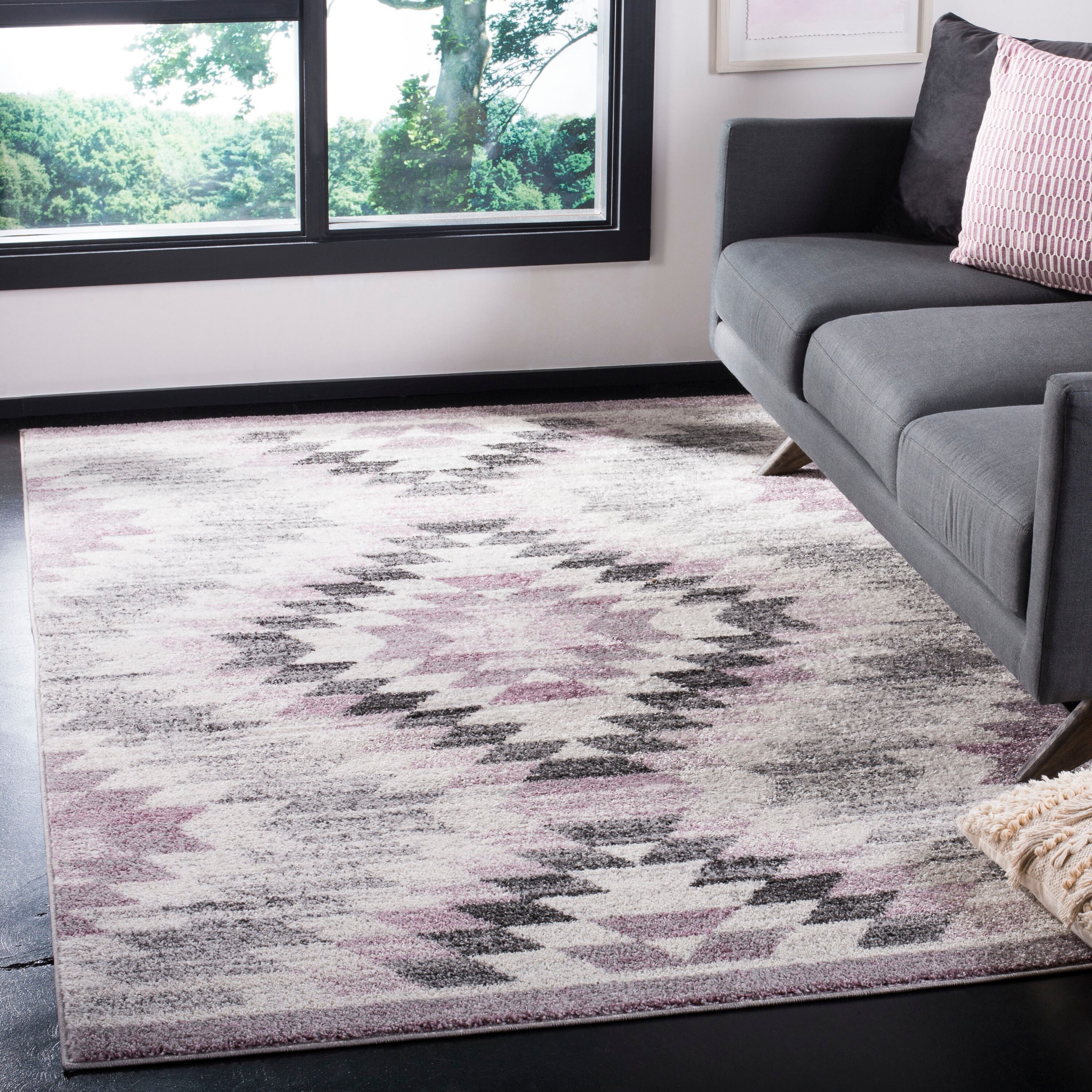 Plum and Ivory Geometric Synthetic 3' x 5' Area Rug