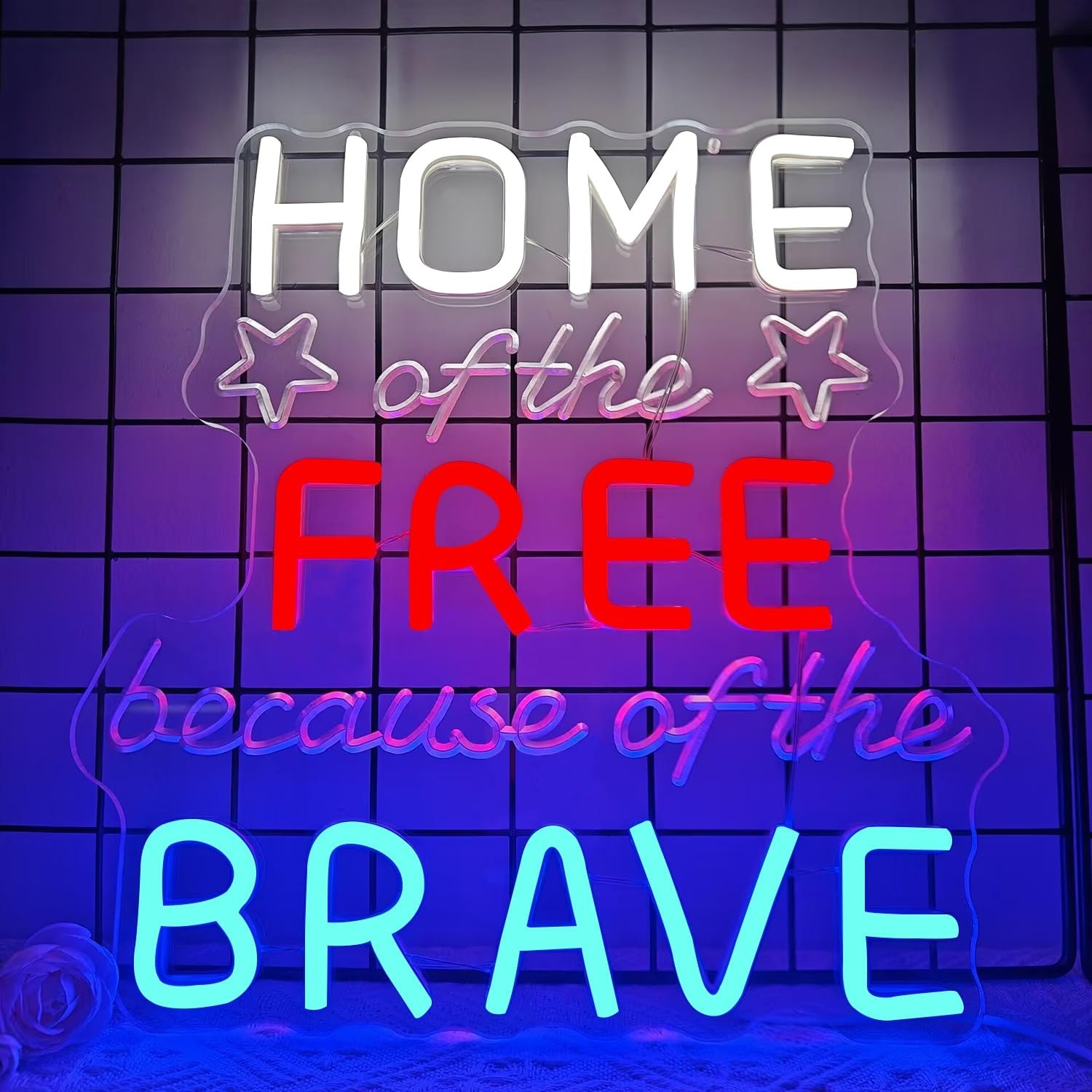 Lukvuzo  Patriotic LED Neon Sign Home of the Free Because of the Brave Wall Decor Red White Blue Light Memorial Day Fourth of July Veterans Day