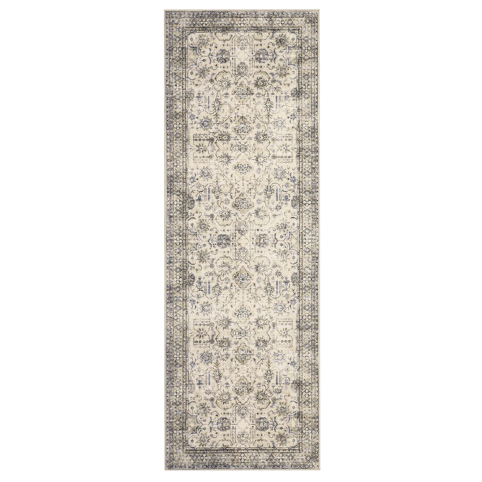 Qeetex LSN-PHK-345CNTQS 2 x 8 ft Polyester Cashmere Beige Brown Rectangular Hallway Bathroom Entryway Kitchen Office Foldable Flower Printed Persian Washable Area Rug