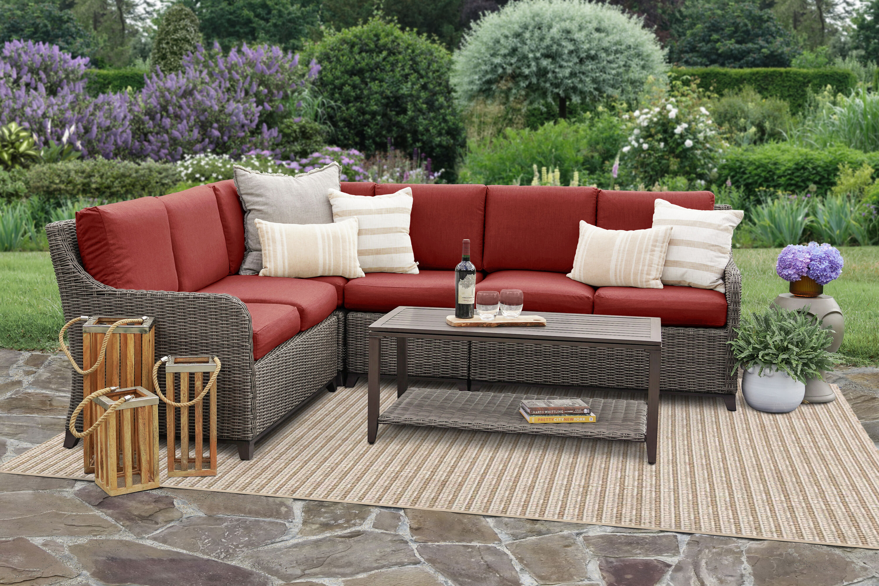 Leisure Made 254988-RED Mitchell Wicker Outdoor Sectional with Red Cushions and Aluminum Frame